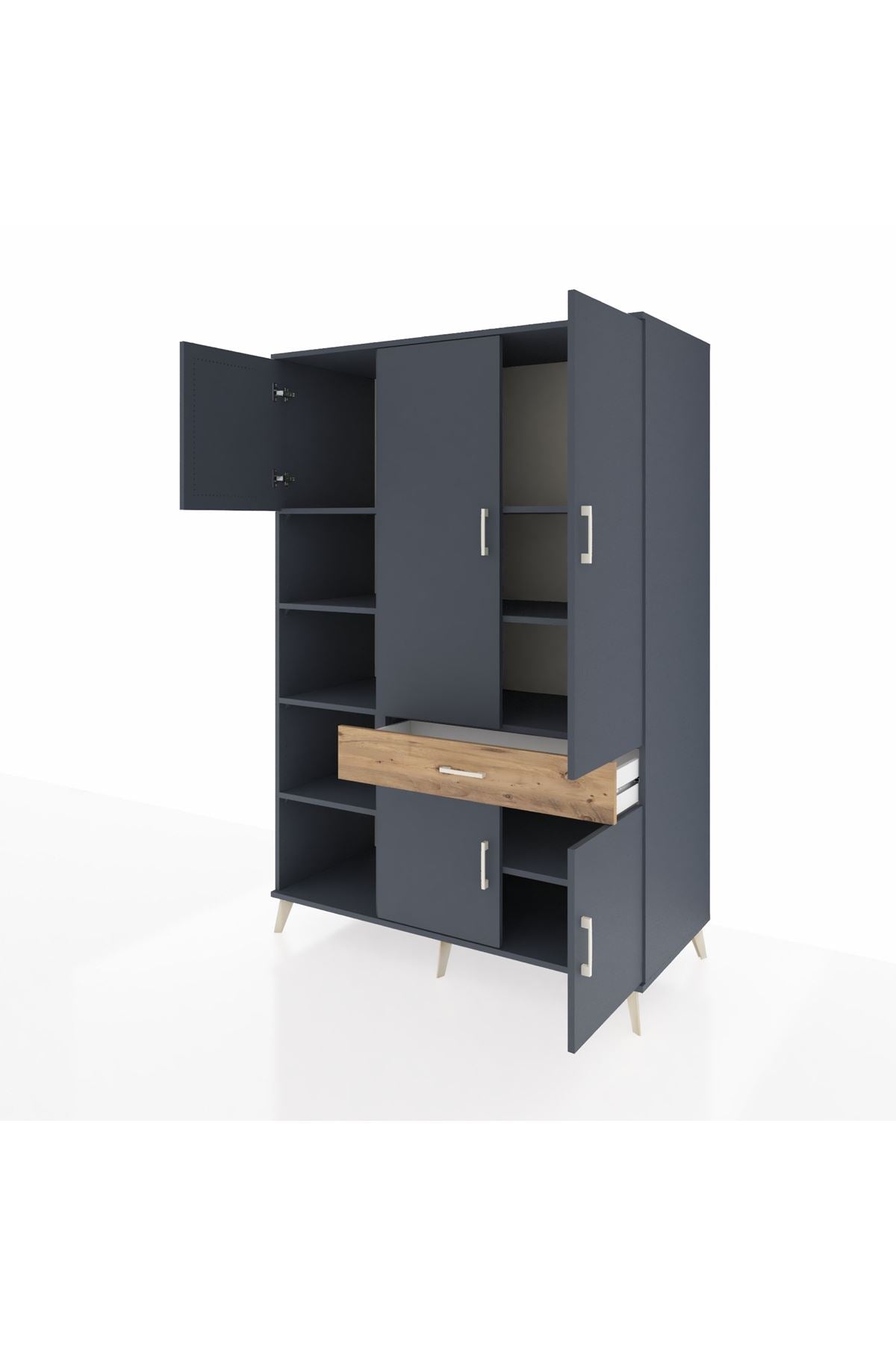 Kronos Dolap 8 Raflı Tek Çekmeceli 5 Kapaklı 132x59x195 Antrasit-Antrasit/Çam