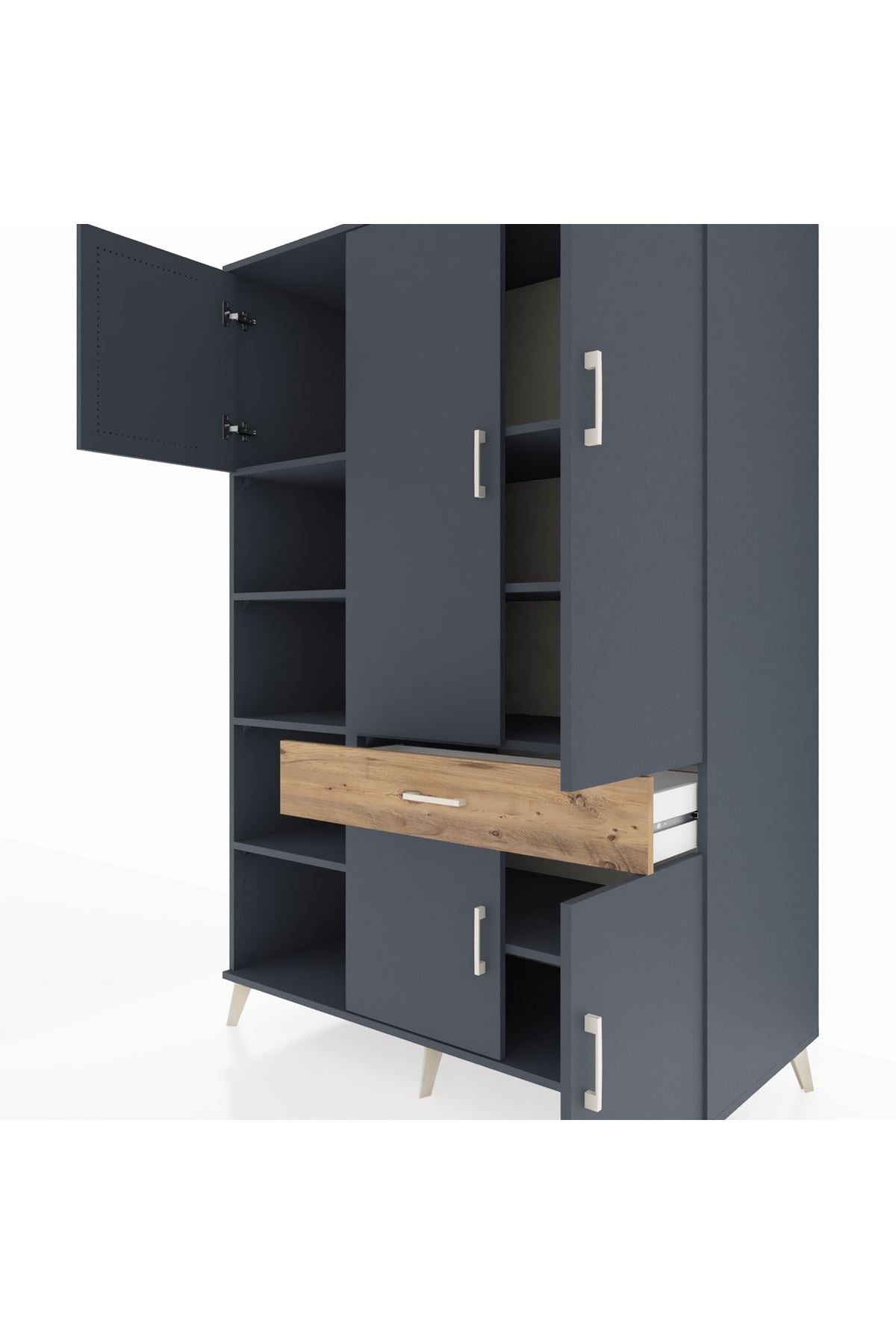 Kronos Dolap 8 Raflı Tek Çekmeceli 5 Kapaklı 132x59x195 Antrasit-Antrasit/Çam