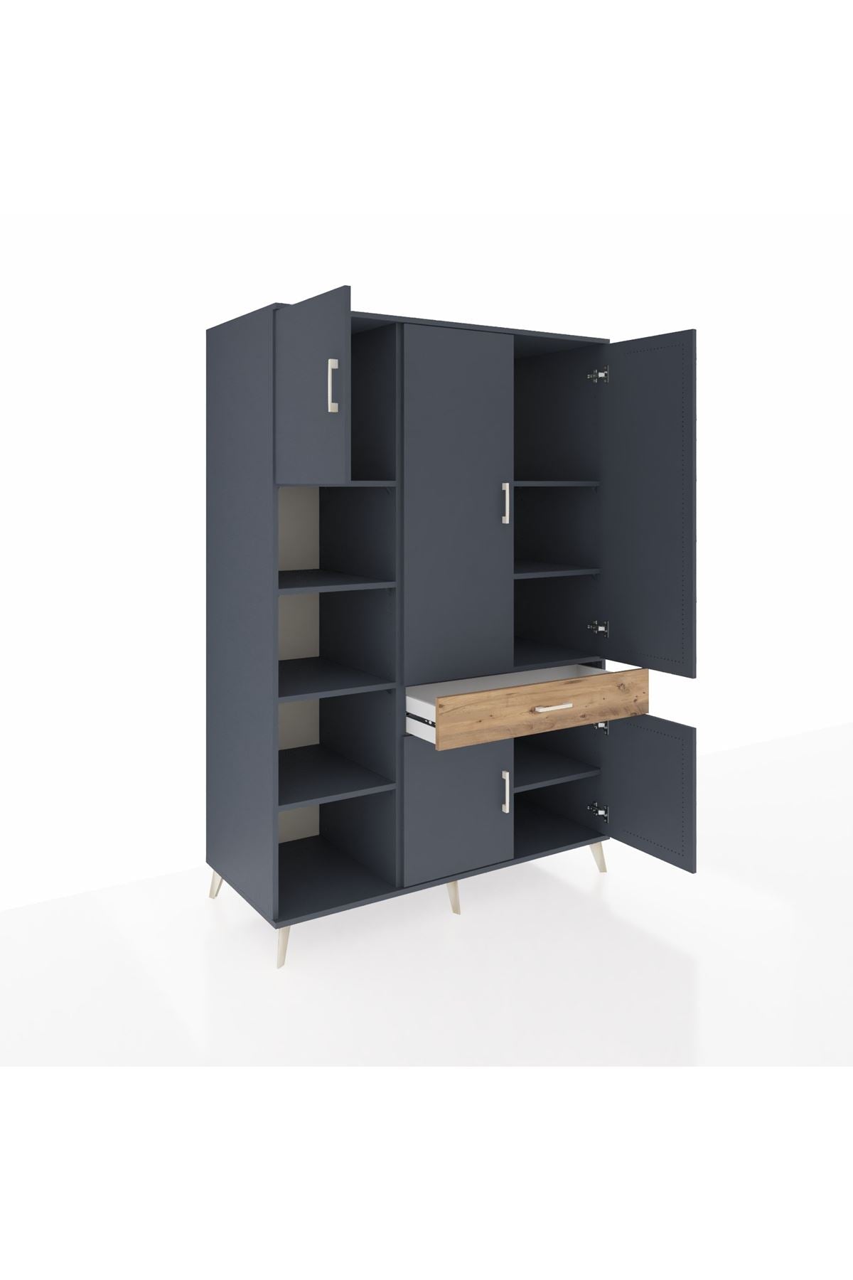 Kronos Dolap 8 Raflı Tek Çekmeceli 5 Kapaklı 132x59x195 Antrasit-Antrasit/Çam