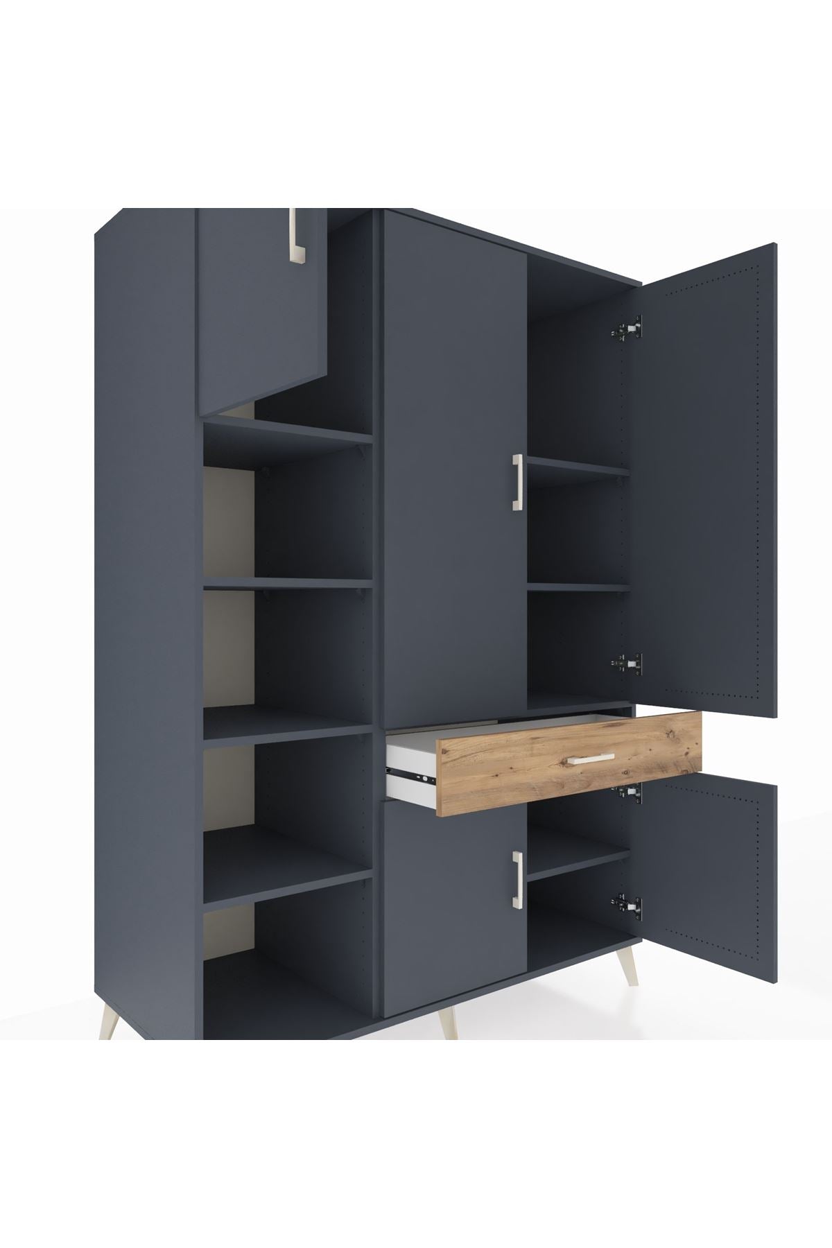 Kronos Dolap 8 Raflı Tek Çekmeceli 5 Kapaklı 132x59x195 Antrasit-Antrasit/Çam