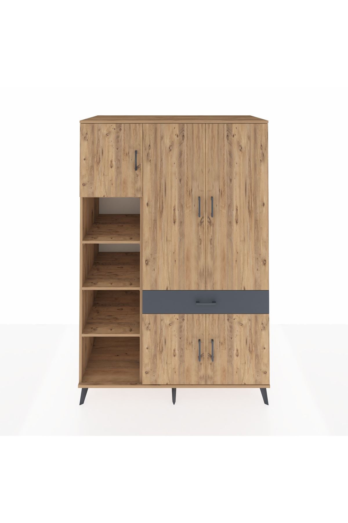 Kronos Dolap 8 Raflı Tek Çekmeceli 5 Kapaklı 132x59x195 Çam-Çam/Antrasit