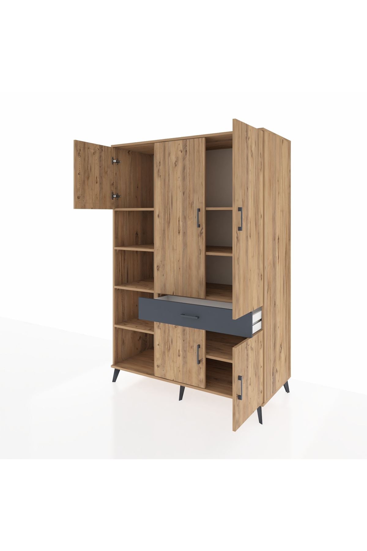 Kronos Dolap 8 Raflı Tek Çekmeceli 5 Kapaklı 132x59x195 Çam-Çam/Antrasit