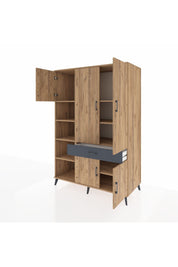 Kronos Dolap 8 Raflı Tek Çekmeceli 5 Kapaklı 132x59x195 Çam-Çam/Antrasit