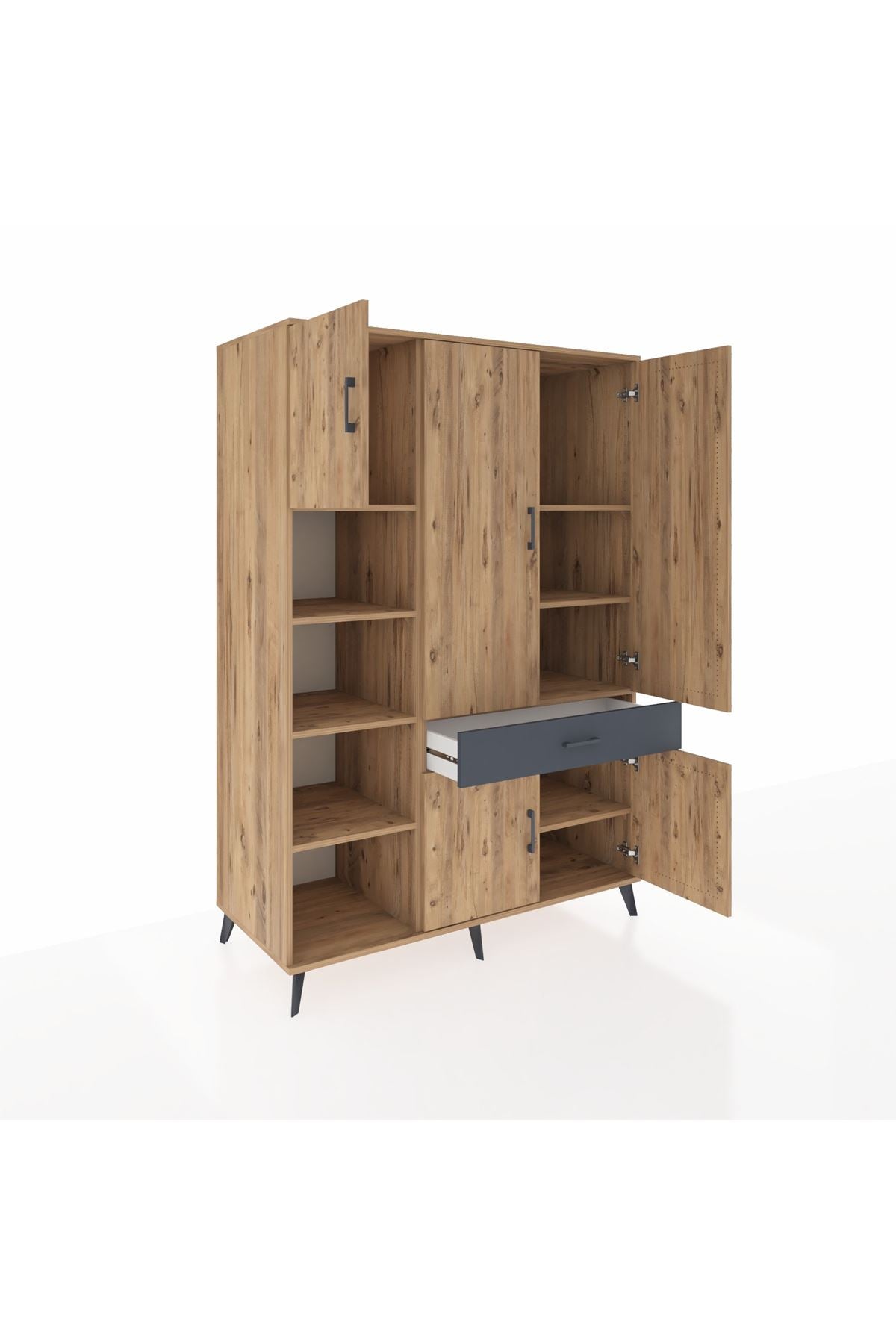 Kronos Dolap 8 Raflı Tek Çekmeceli 5 Kapaklı 132x59x195 Çam-Çam/Antrasit