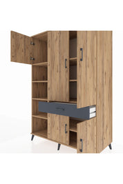 Kronos Dolap 8 Raflı Tek Çekmeceli 5 Kapaklı 132x59x195 Çam-Çam/Antrasit