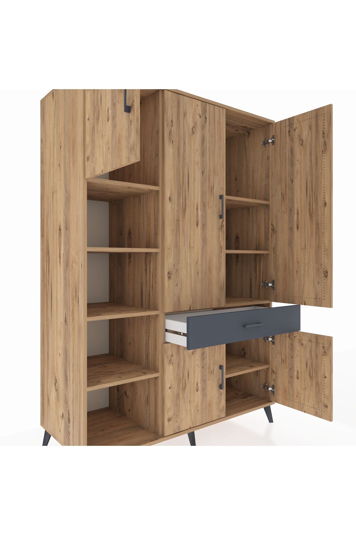 Kronos Dolap 8 Raflı Tek Çekmeceli 5 Kapaklı 132x59x195 Çam-Çam/Antrasit