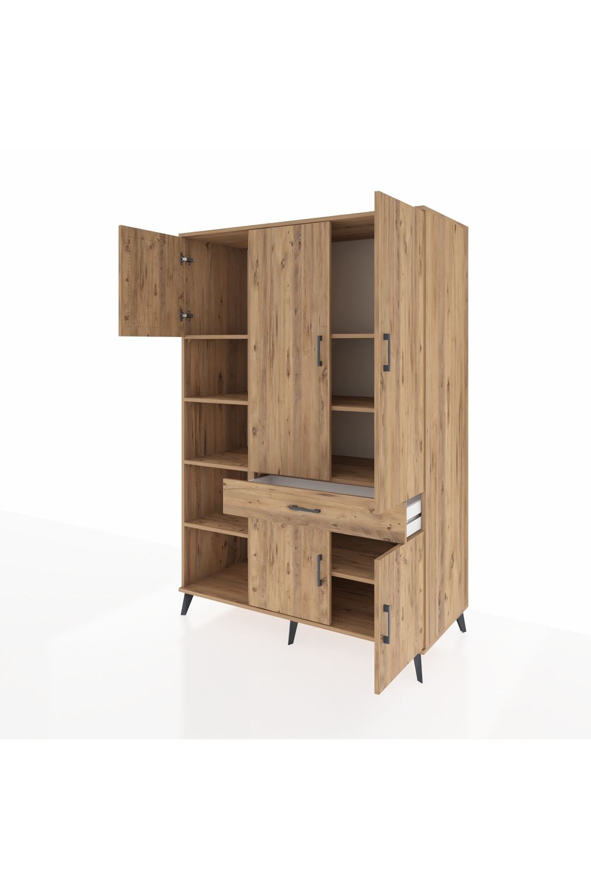 Kronos Dolap 8 Raflı Tek Çekmeceli 5 Kapaklı 132x59x195 Çam-Çam/Çam