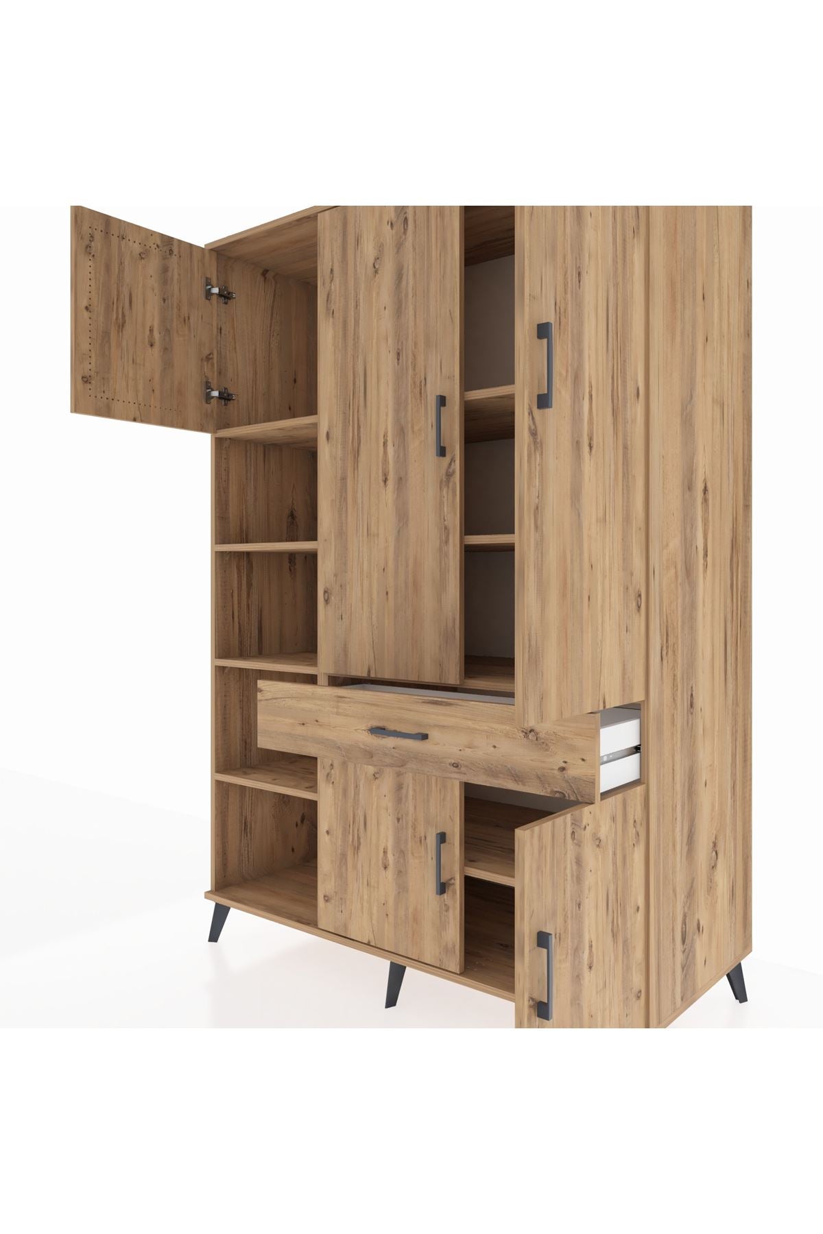 Kronos Dolap 8 Raflı Tek Çekmeceli 5 Kapaklı 132x59x195 Çam-Çam/Çam