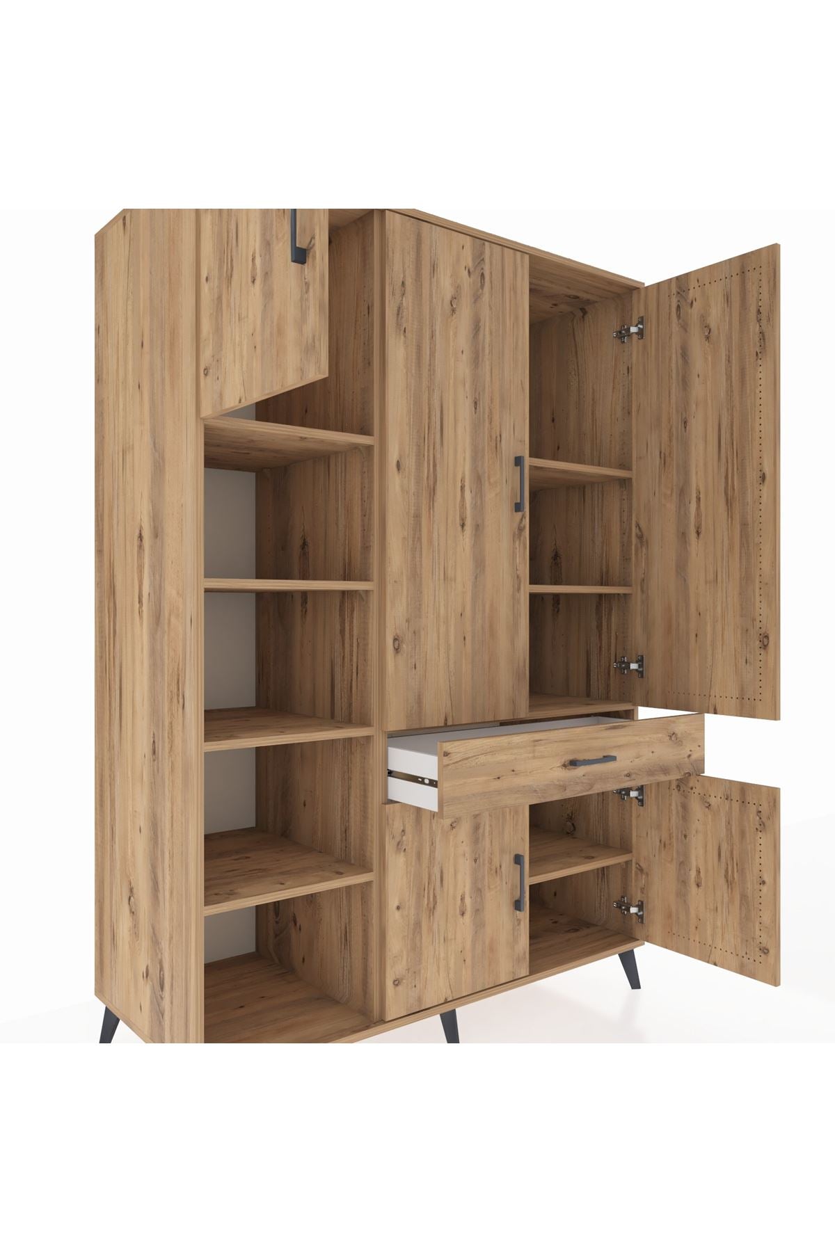 Kronos Dolap 8 Raflı Tek Çekmeceli 5 Kapaklı 132x59x195 Çam-Çam/Çam