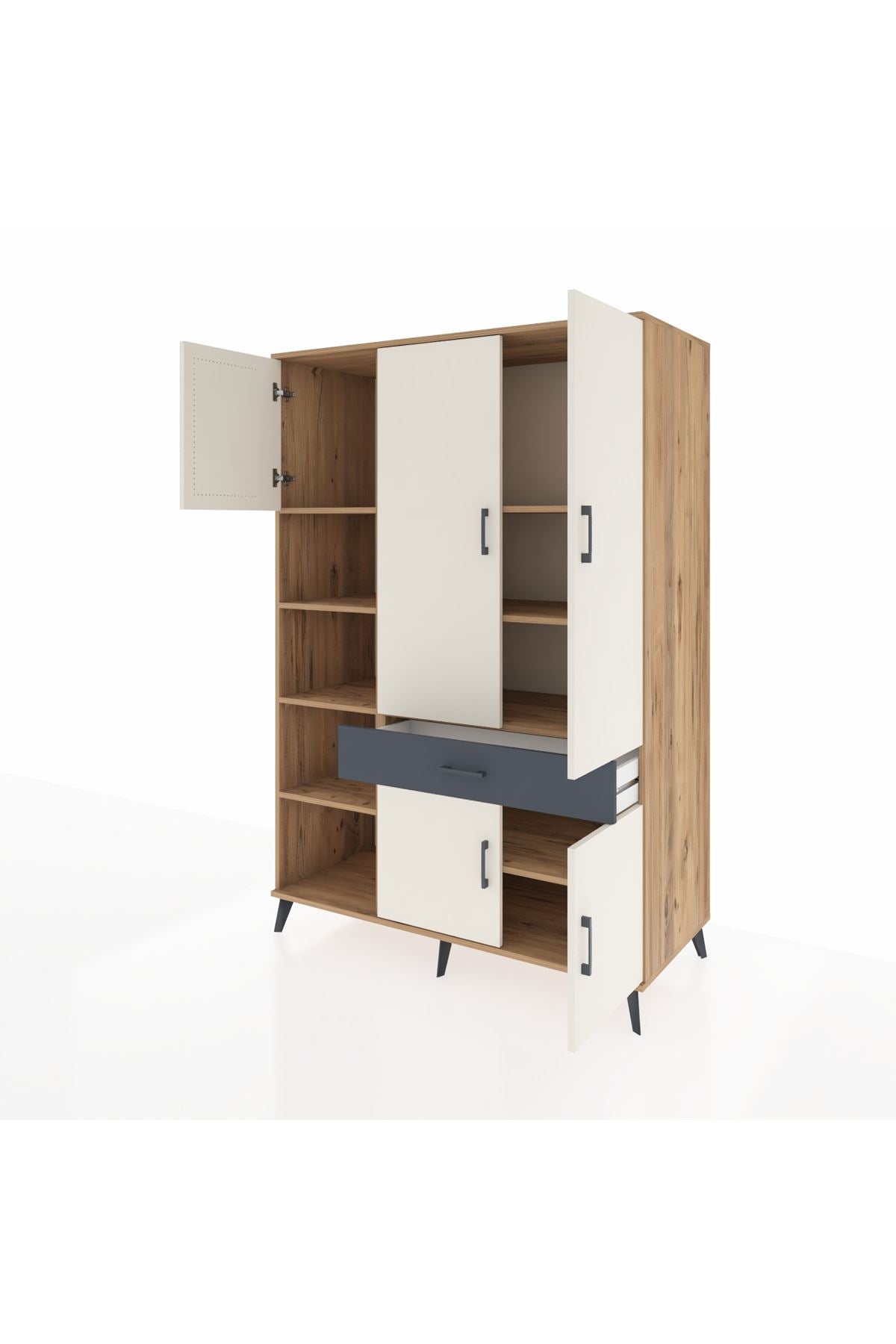 Kronos Dolap 8 Raflı Tek Çekmeceli 5 Kapaklı 132x59x195 Çam-Aytaşı/Antrasit