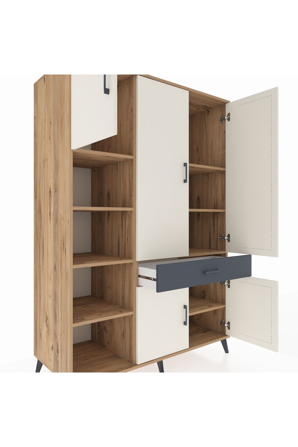 Kronos Dolap 8 Raflı Tek Çekmeceli 5 Kapaklı 132x59x195 Çam-Aytaşı/Antrasit