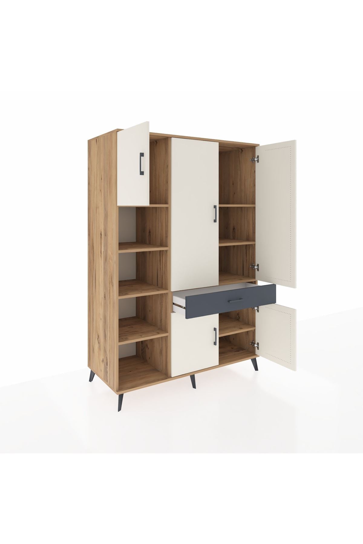 Kronos Dolap 8 Raflı Tek Çekmeceli 5 Kapaklı 132x59x195 Çam-Aytaşı/Antrasit