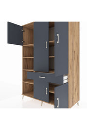 Kronos Dolap 8 Raflı Tek Çekmeceli 5 Kapaklı 132x59x195 Çam-Antrasit/Antrasit