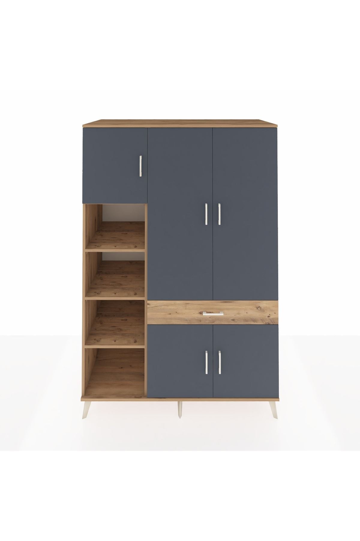 Kronos Dolap 8 Raflı Tek Çekmeceli 5 Kapaklı 132x59x195 Çam-Antrasit/Çam