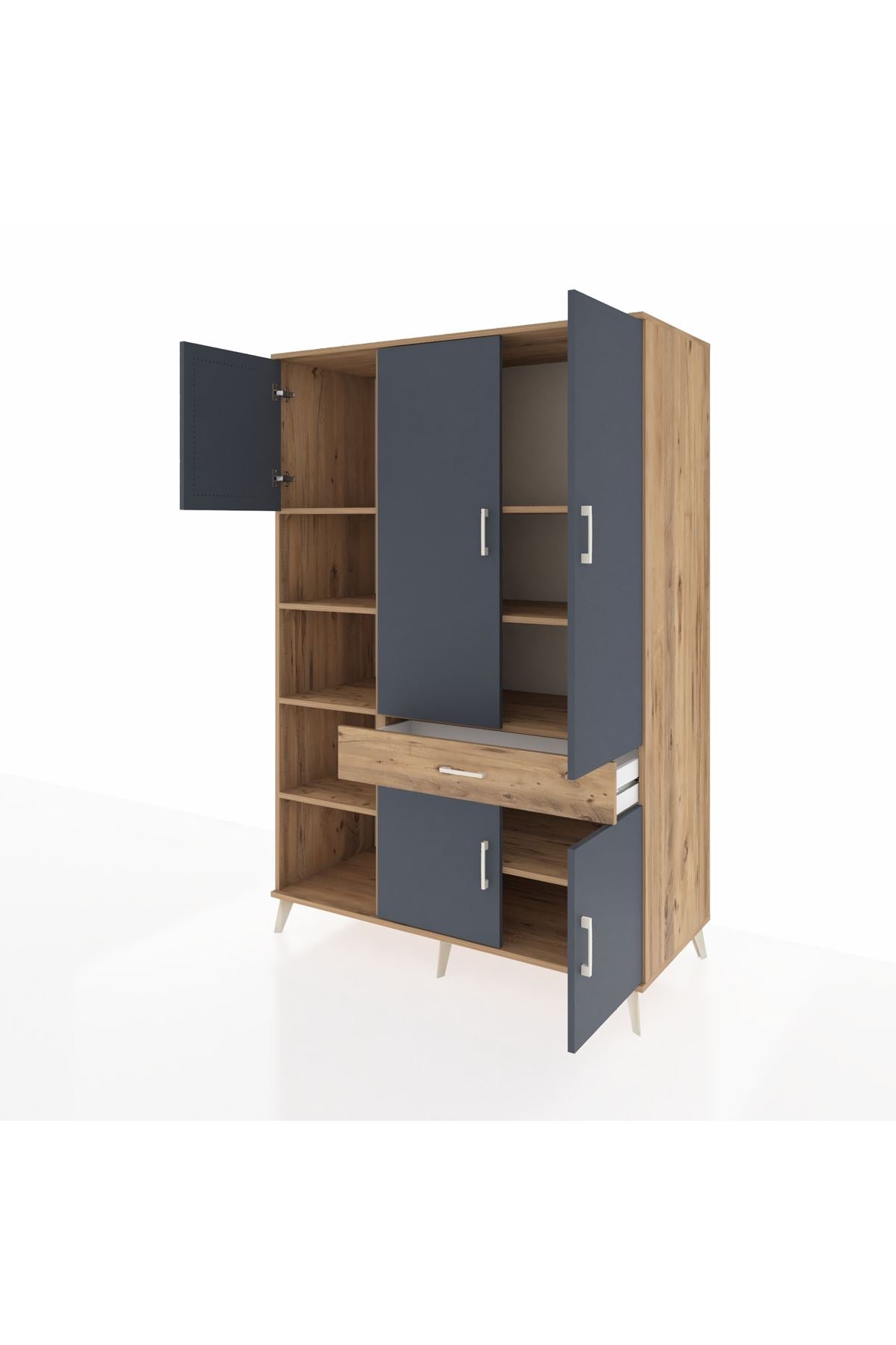 Kronos Dolap 8 Raflı Tek Çekmeceli 5 Kapaklı 132x59x195 Çam-Antrasit/Çam