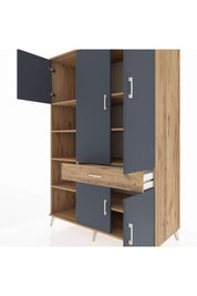 Kronos Dolap 8 Raflı Tek Çekmeceli 5 Kapaklı 132x59x195 Çam-Antrasit/Çam