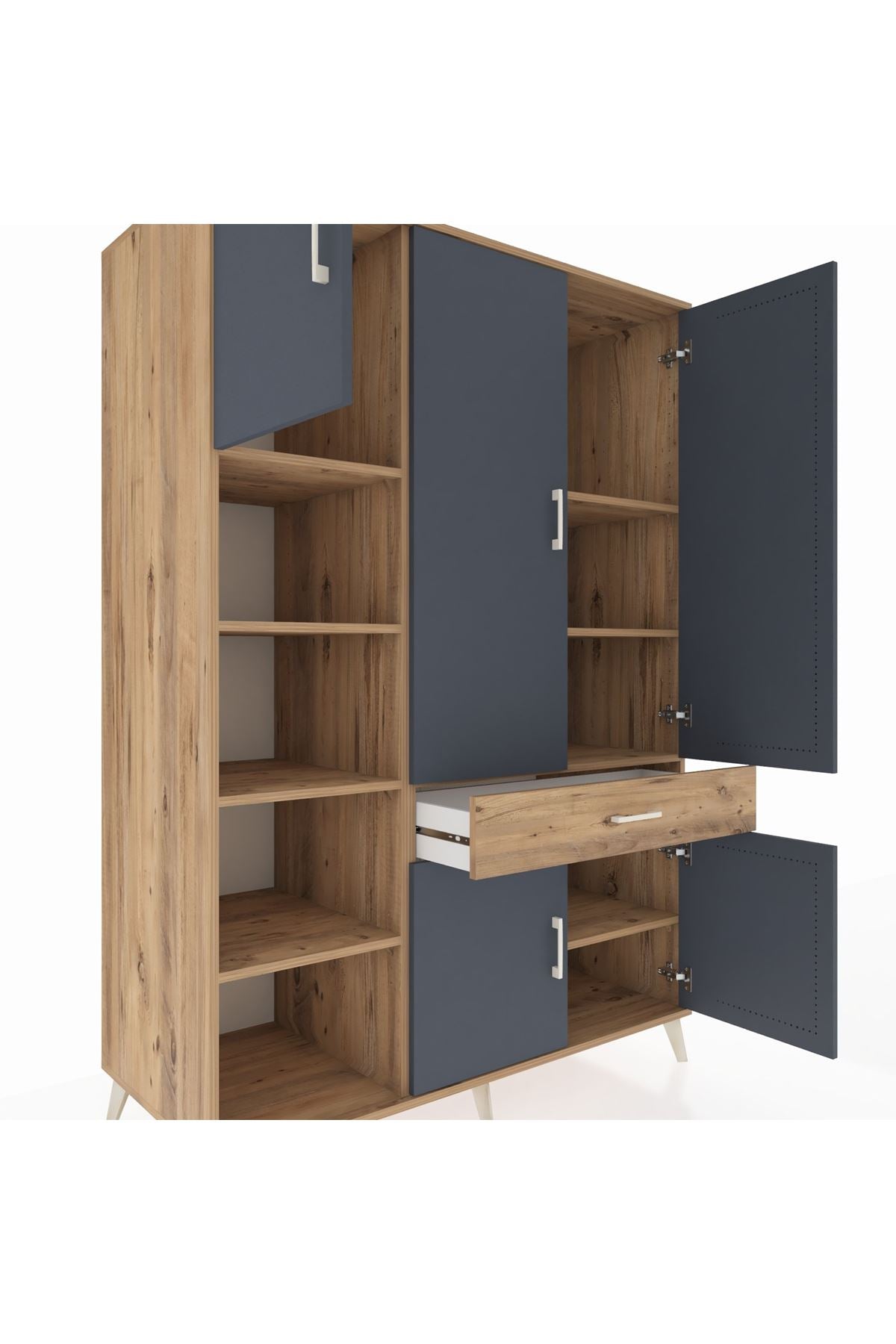 Kronos Dolap 8 Raflı Tek Çekmeceli 5 Kapaklı 132x59x195 Çam-Antrasit/Çam