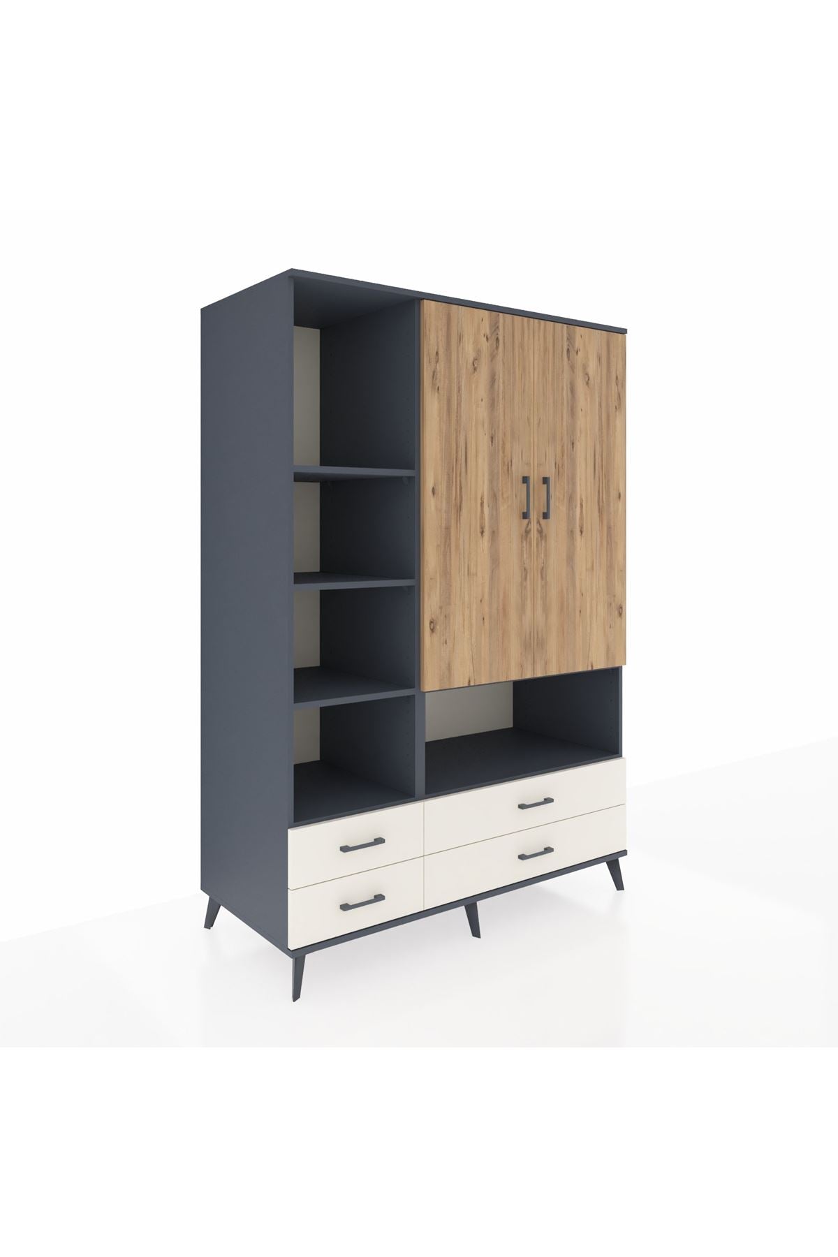 Kronos Dolap 8 Raflı 4 Çekmeceli 2 Kapaklı 132x59x195 Antrasit-Çam/Aytaşı