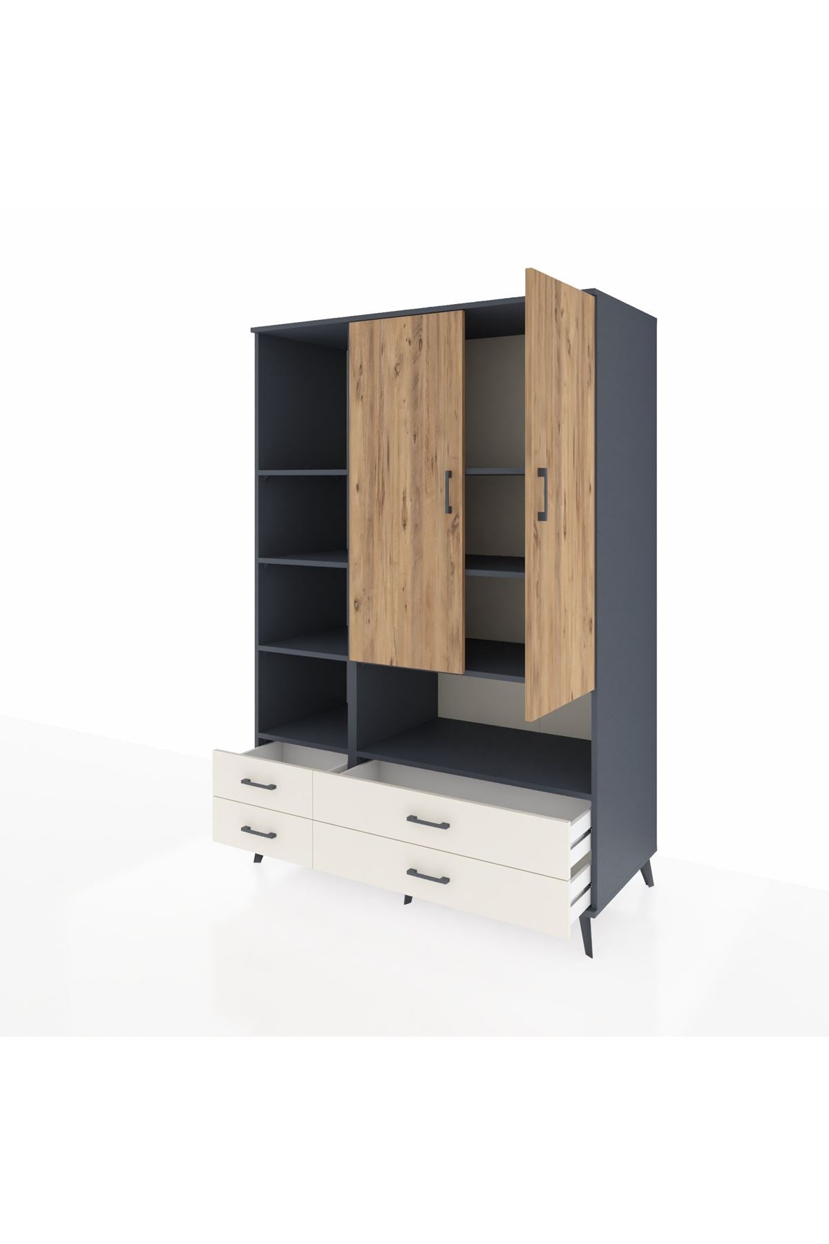 Kronos Dolap 8 Raflı 4 Çekmeceli 2 Kapaklı 132x59x195 Antrasit-Çam/Aytaşı