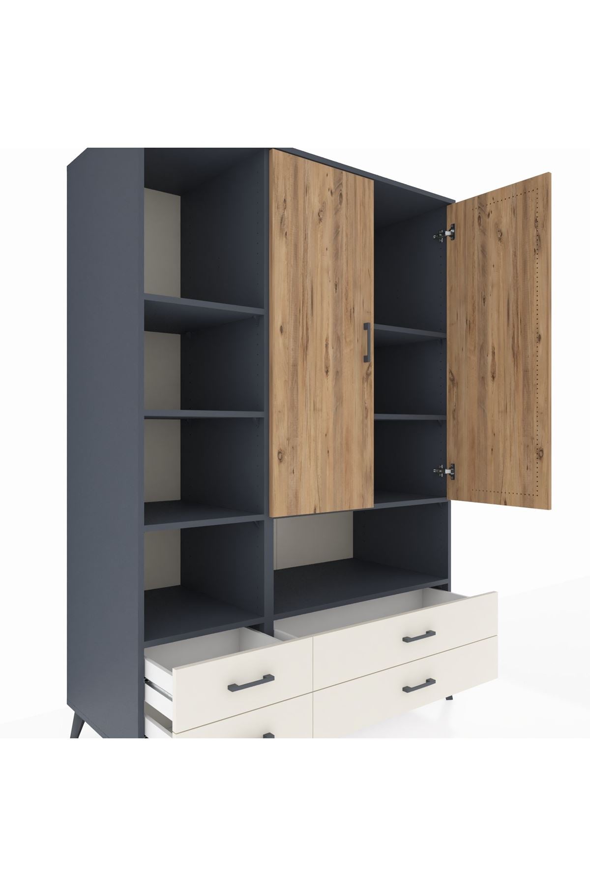 Kronos Dolap 8 Raflı 4 Çekmeceli 2 Kapaklı 132x59x195 Antrasit-Çam/Aytaşı