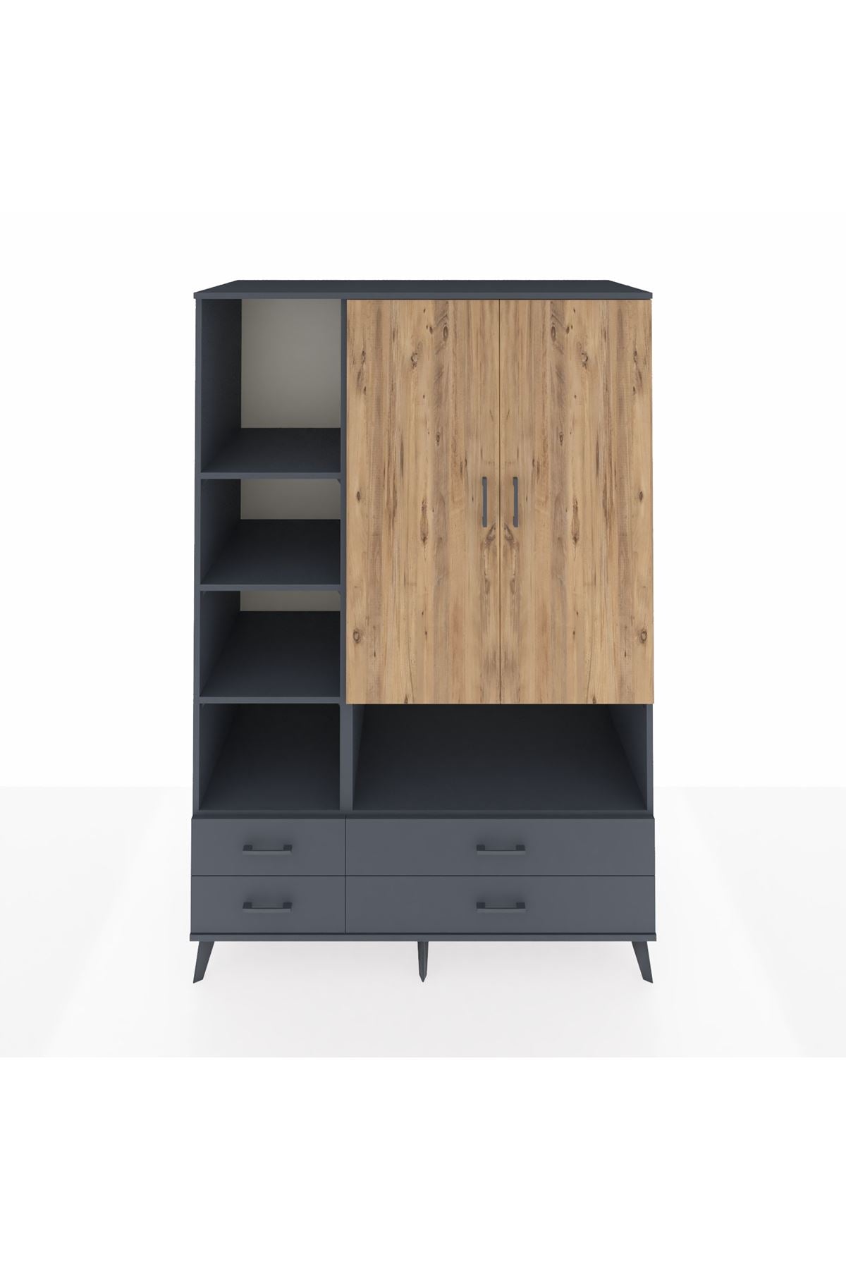 Kronos Dolap 8 Raflı 4 Çekmeceli 2 Kapaklı 132x59x195 Antrasit-Çam/Antrasit