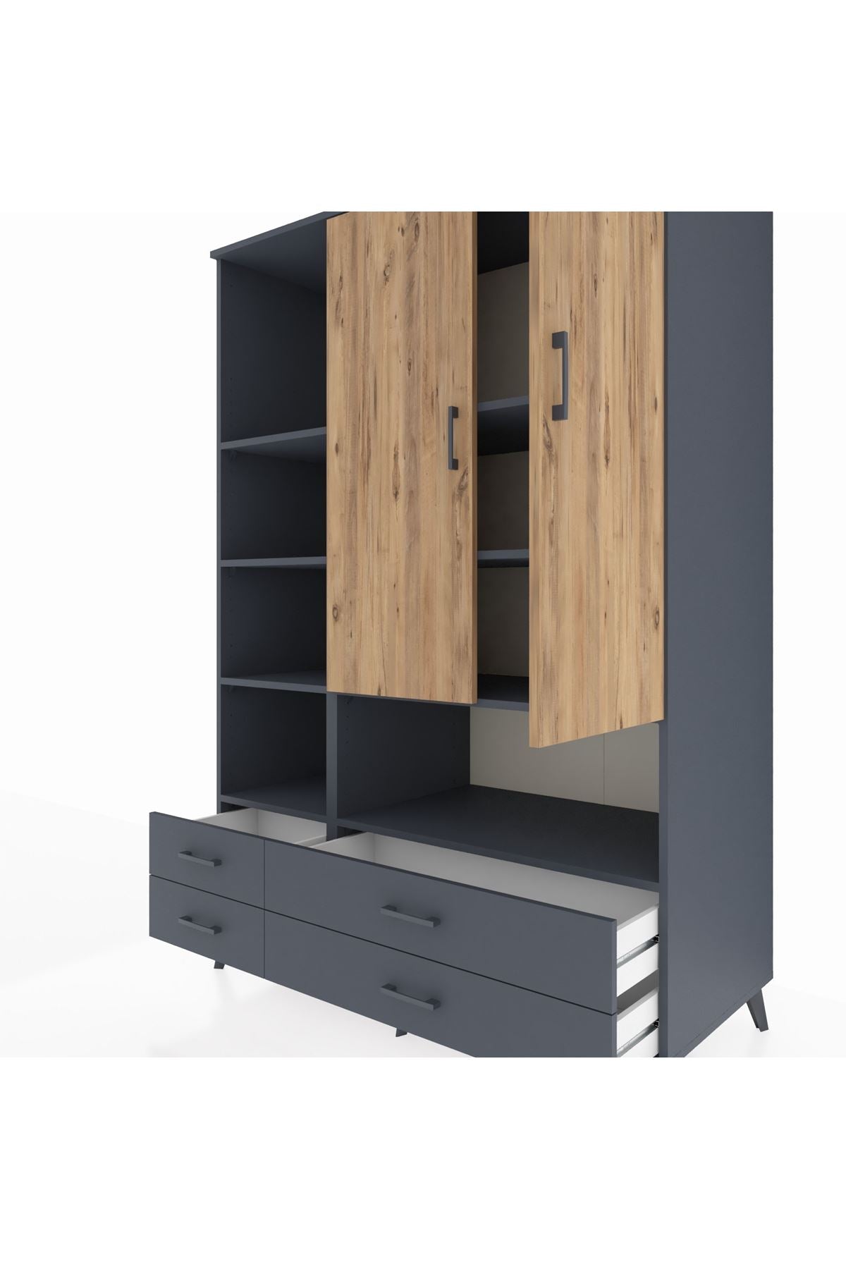Kronos Dolap 8 Raflı 4 Çekmeceli 2 Kapaklı 132x59x195 Antrasit-Çam/Antrasit
