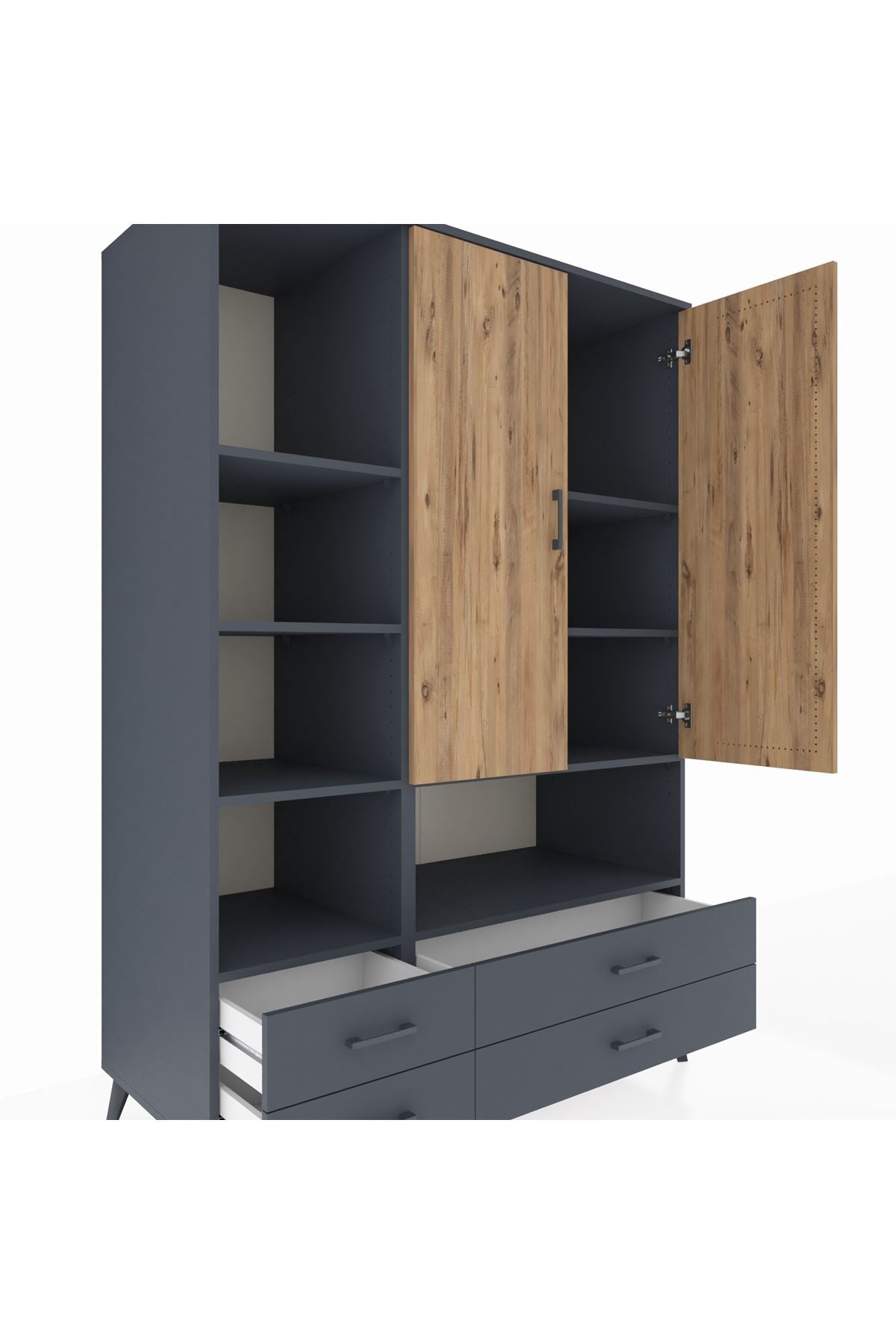 Kronos Dolap 8 Raflı 4 Çekmeceli 2 Kapaklı 132x59x195 Antrasit-Çam/Antrasit
