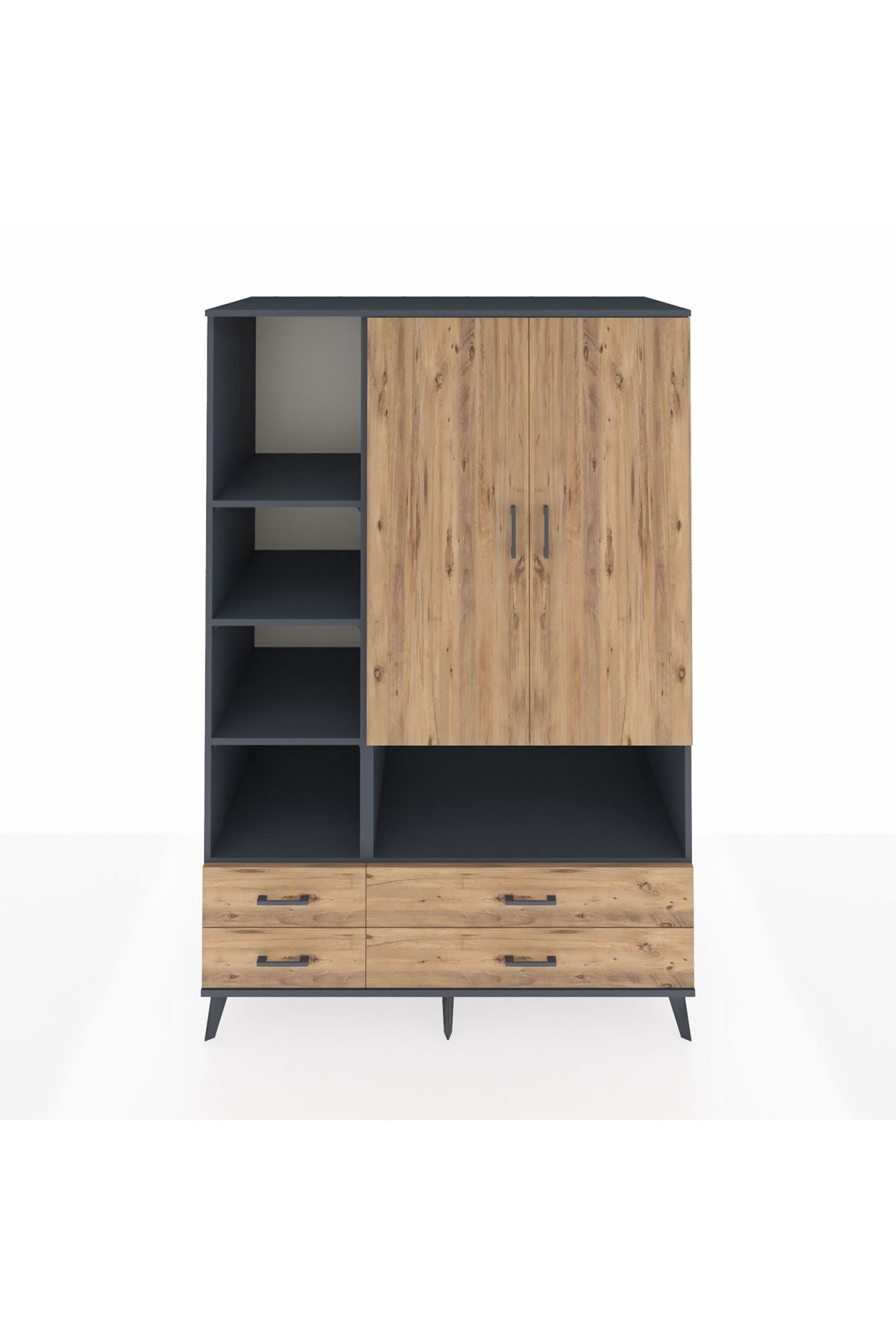 Kronos Dolap 8 Raflı 4 Çekmeceli 2 Kapaklı 132x59x195 Antrasit-Çam/Çam