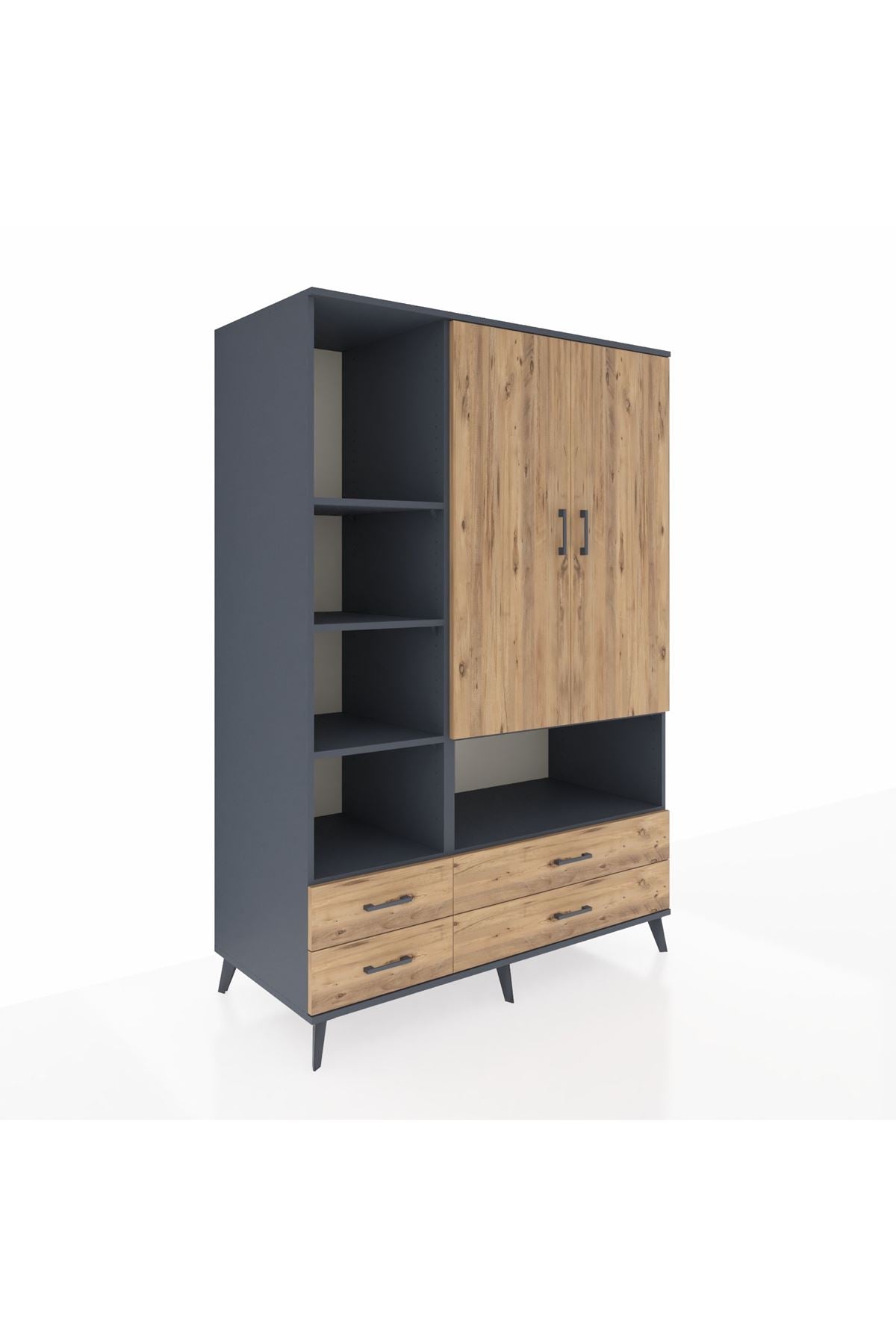 Kronos Dolap 8 Raflı 4 Çekmeceli 2 Kapaklı 132x59x195 Antrasit-Çam/Çam