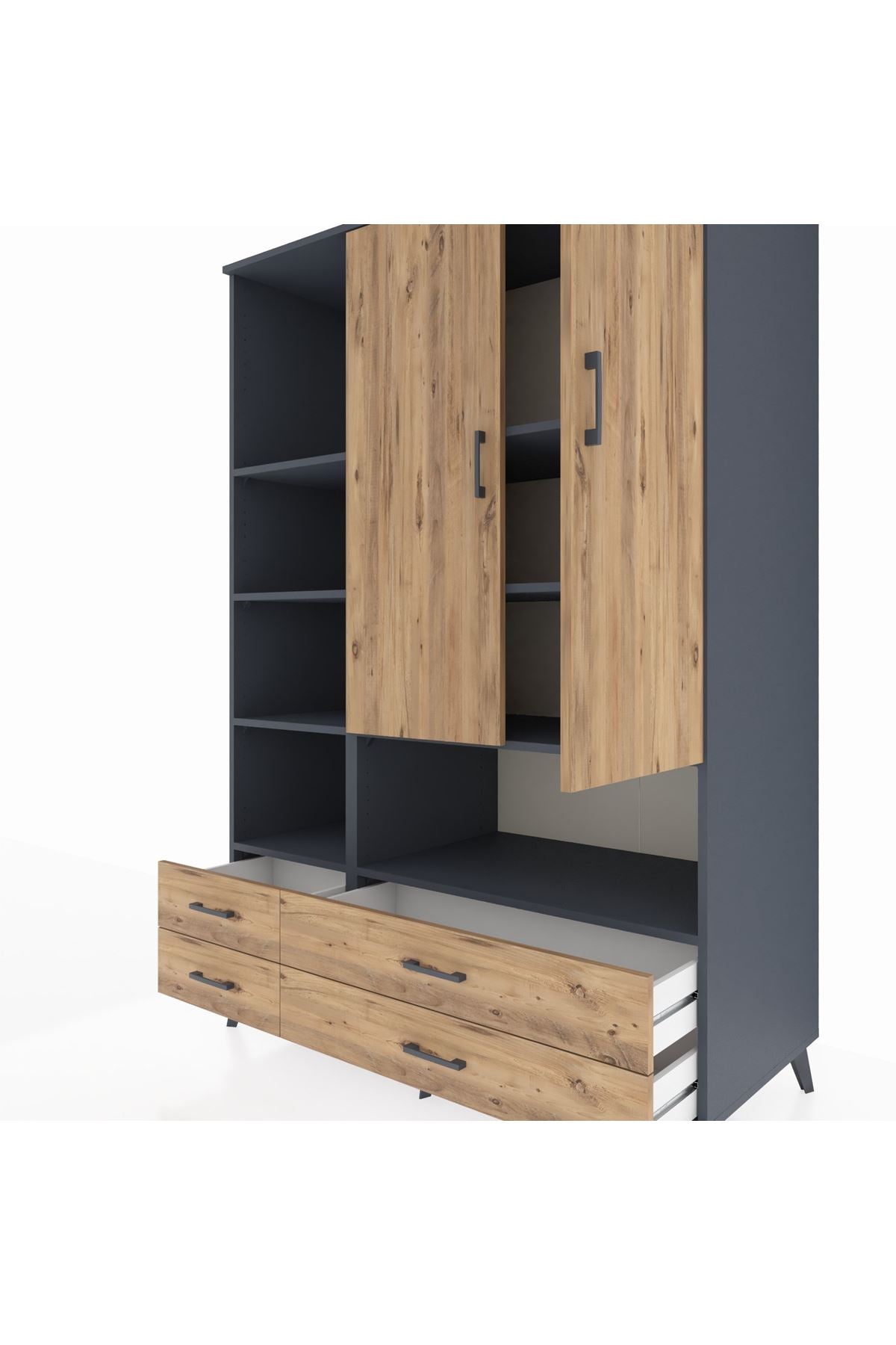 Kronos Dolap 8 Raflı 4 Çekmeceli 2 Kapaklı 132x59x195 Antrasit-Çam/Çam