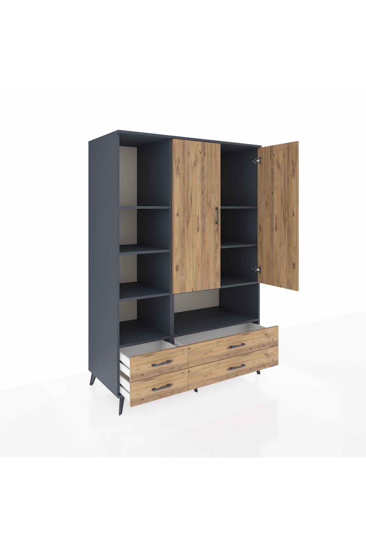 Kronos Dolap 8 Raflı 4 Çekmeceli 2 Kapaklı 132x59x195 Antrasit-Çam/Çam