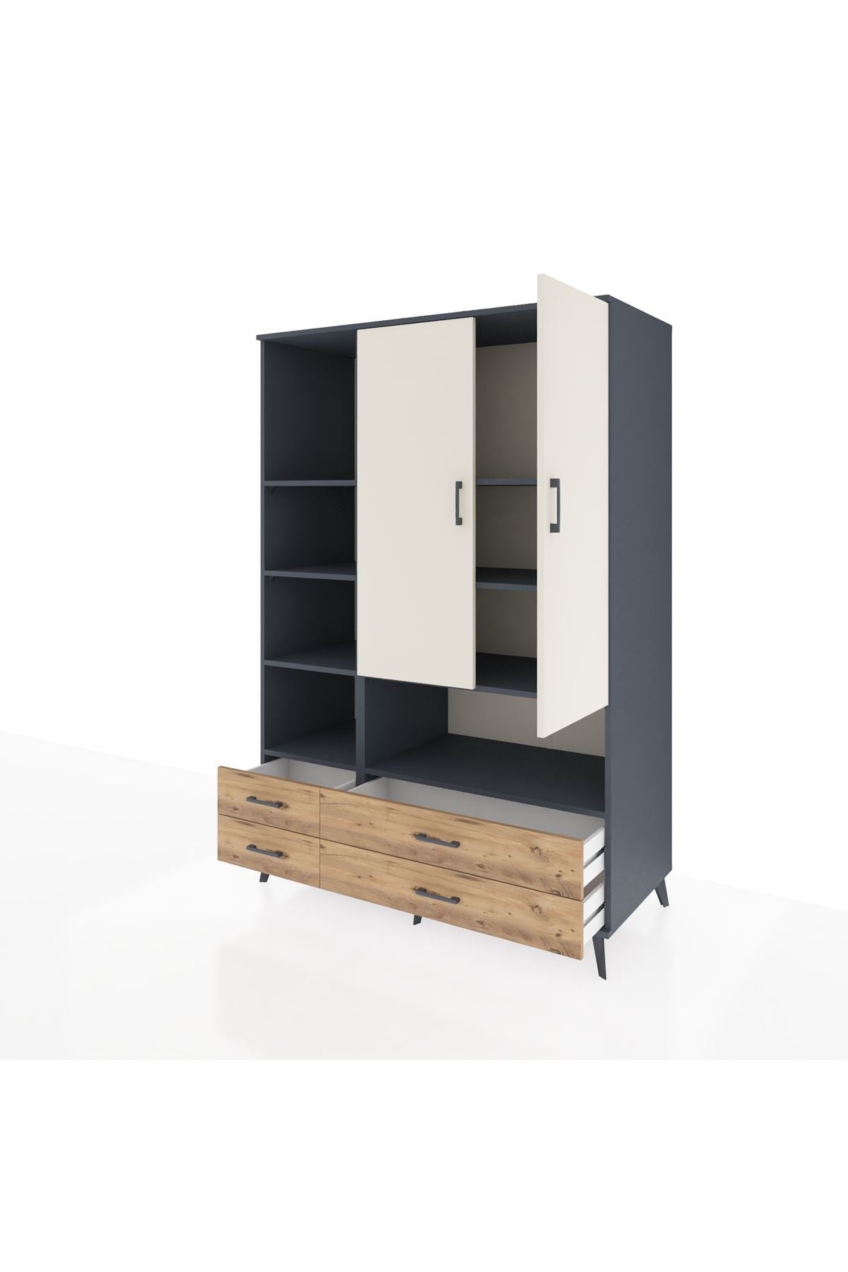 Kronos Dolap 8 Raflı 4 Çekmeceli 2 Kapaklı 132x59x195 Antrasit-Aytaşı/Çam