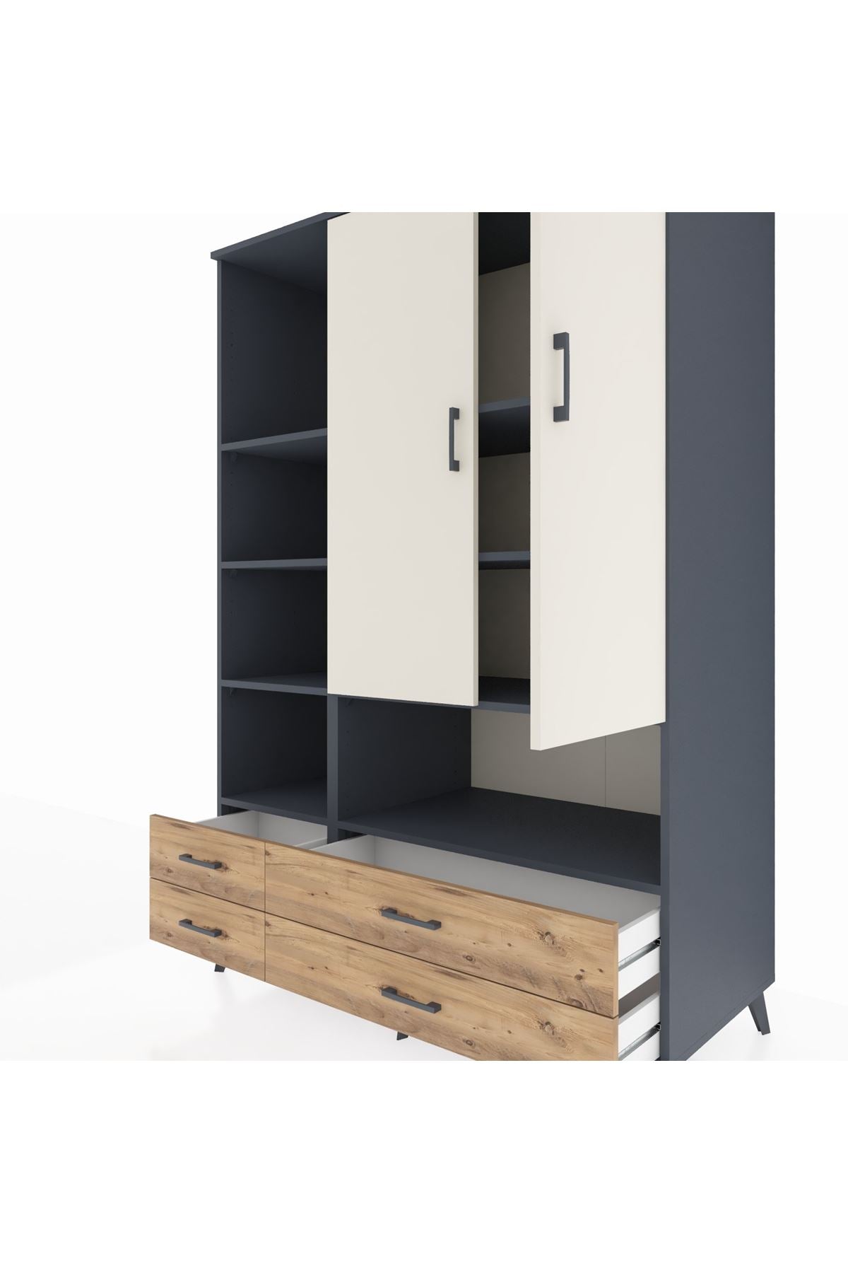 Kronos Dolap 8 Raflı 4 Çekmeceli 2 Kapaklı 132x59x195 Antrasit-Aytaşı/Çam