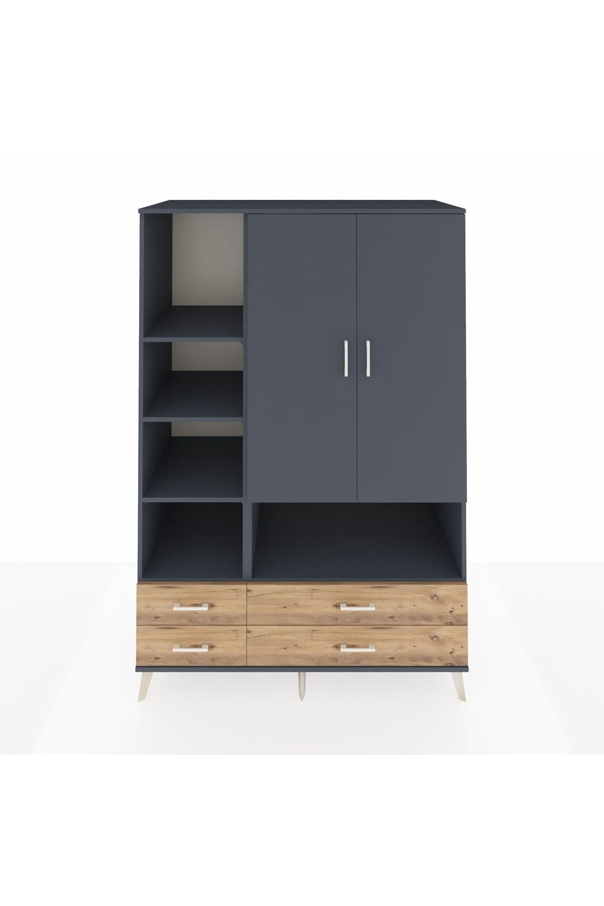 Kronos Dolap 8 Raflı 4 Çekmeceli 2 Kapaklı 132x59x195 Antrasit-Antrasit/Çam