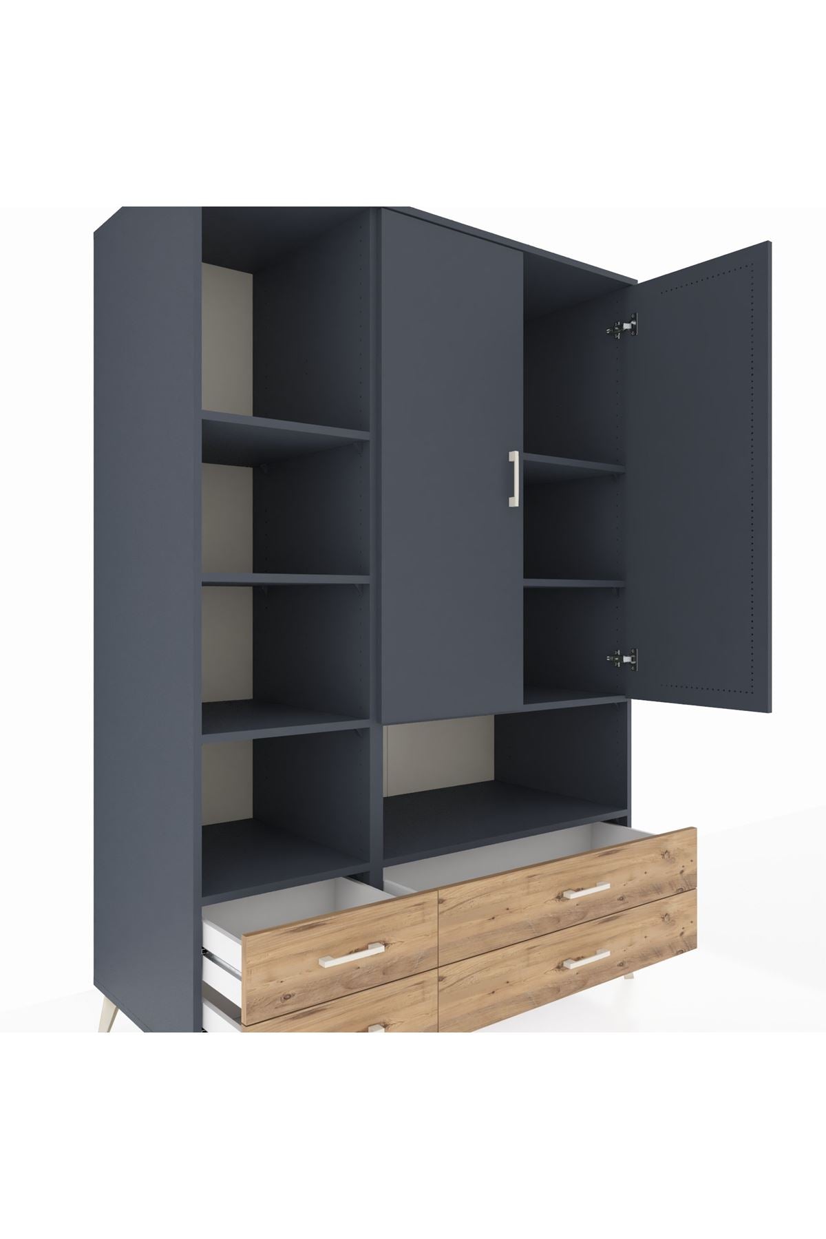 Kronos Dolap 8 Raflı 4 Çekmeceli 2 Kapaklı 132x59x195 Antrasit-Antrasit/Çam