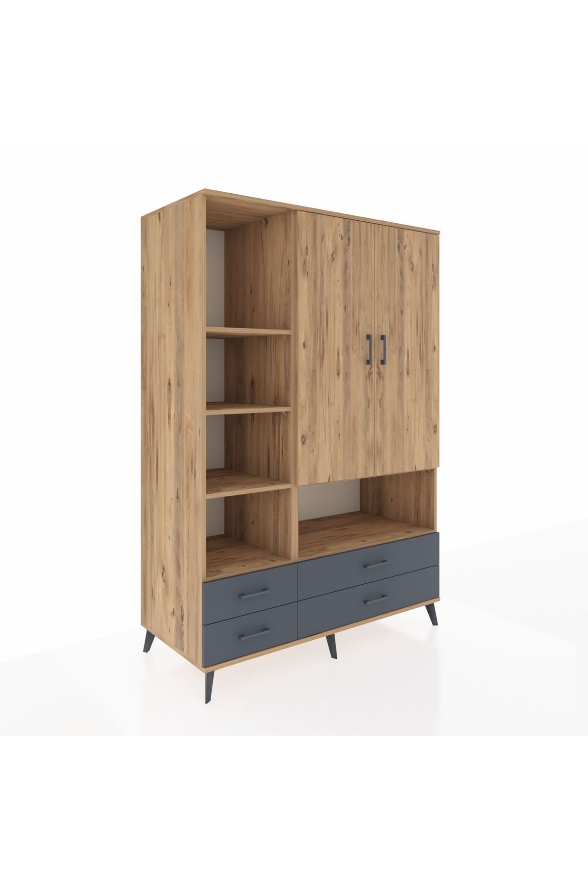 Kronos Dolap 8 Raflı 4 Çekmeceli 2 Kapaklı 132x59x195 Çam-Çam/Antrasit