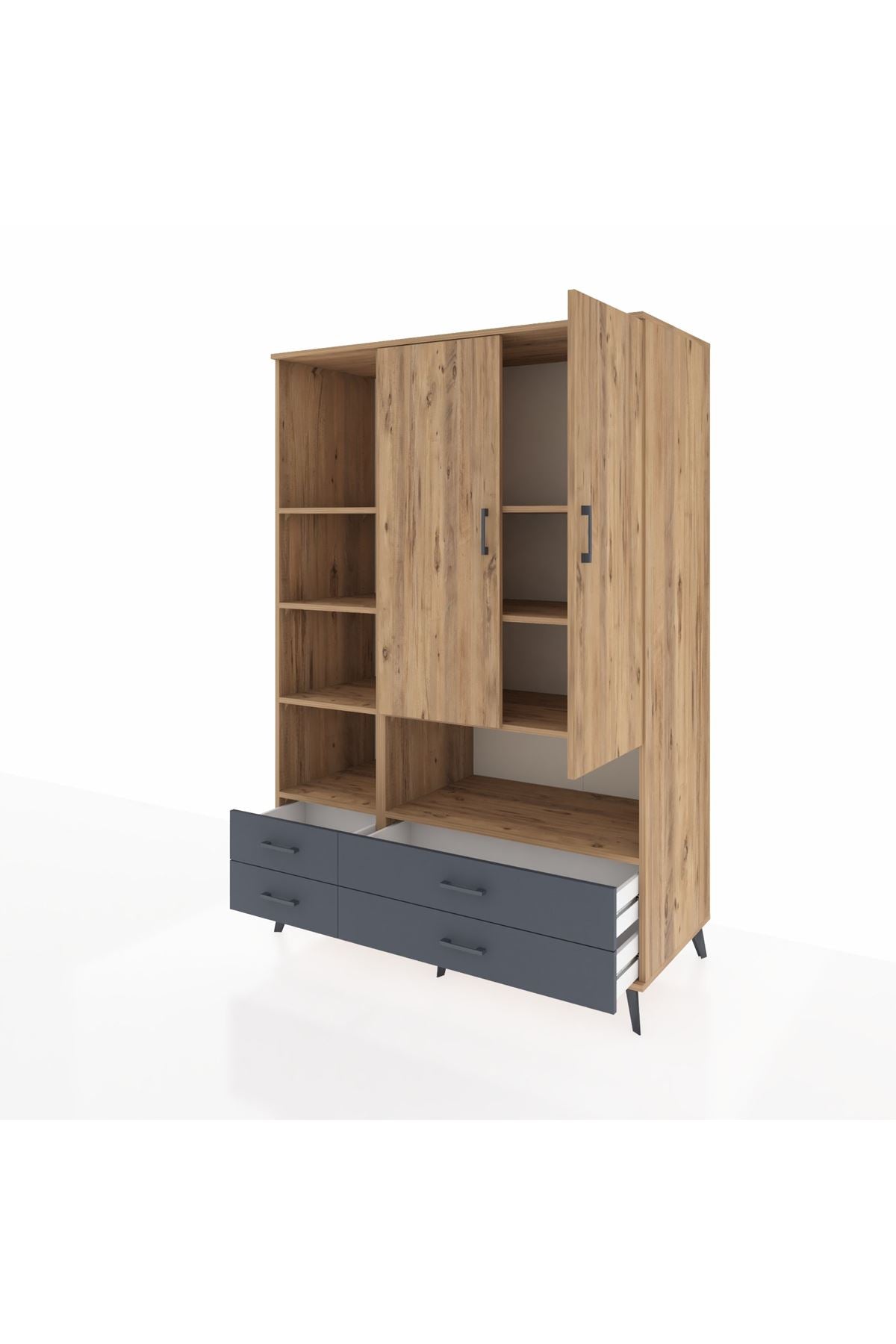 Kronos Dolap 8 Raflı 4 Çekmeceli 2 Kapaklı 132x59x195 Çam-Çam/Antrasit