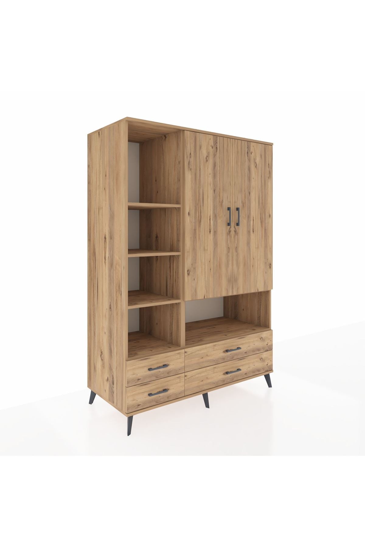 Kronos Dolap 8 Raflı 4 Çekmeceli 2 Kapaklı 132x59x195 Çam-Çam/Çam