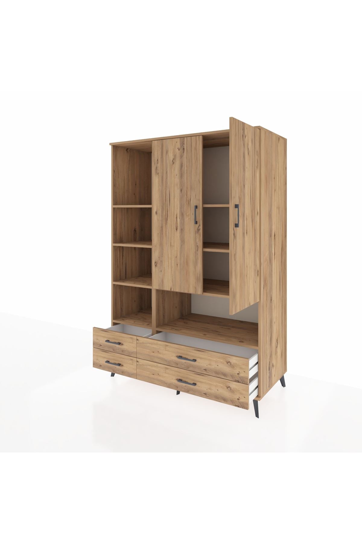 Kronos Dolap 8 Raflı 4 Çekmeceli 2 Kapaklı 132x59x195 Çam-Çam/Çam