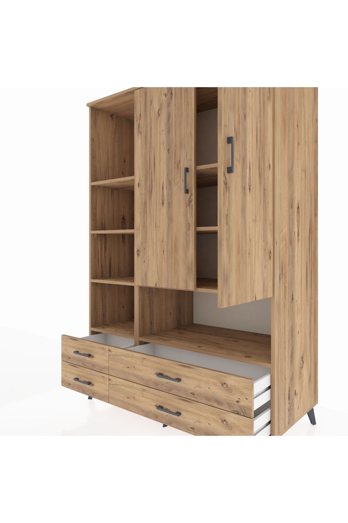 Kronos Dolap 8 Raflı 4 Çekmeceli 2 Kapaklı 132x59x195 Çam-Çam/Çam