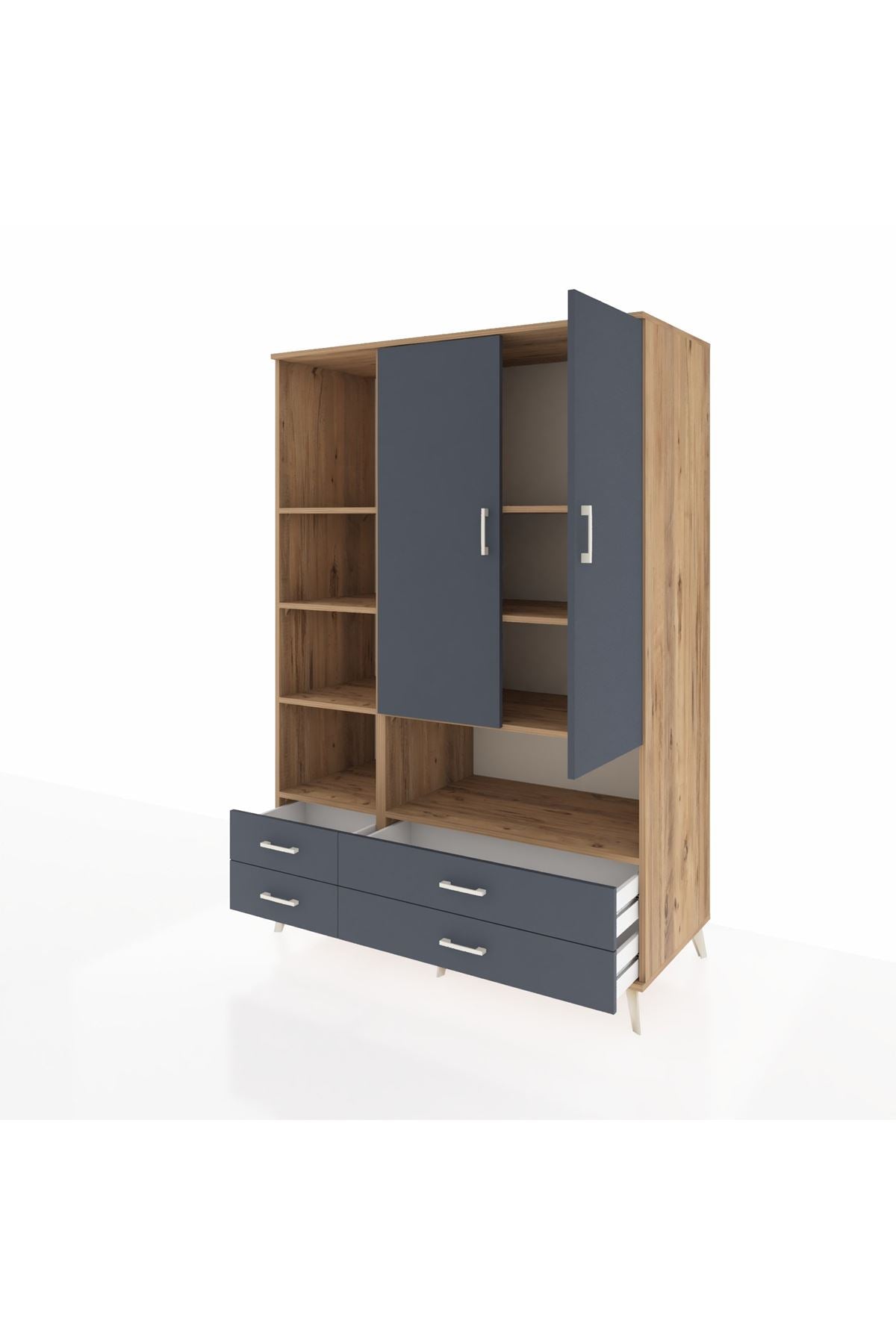 Kronos Dolap 8 Raflı 4 Çekmeceli 2 Kapaklı 132x59x195 Çam-Antrasit/Antrasit