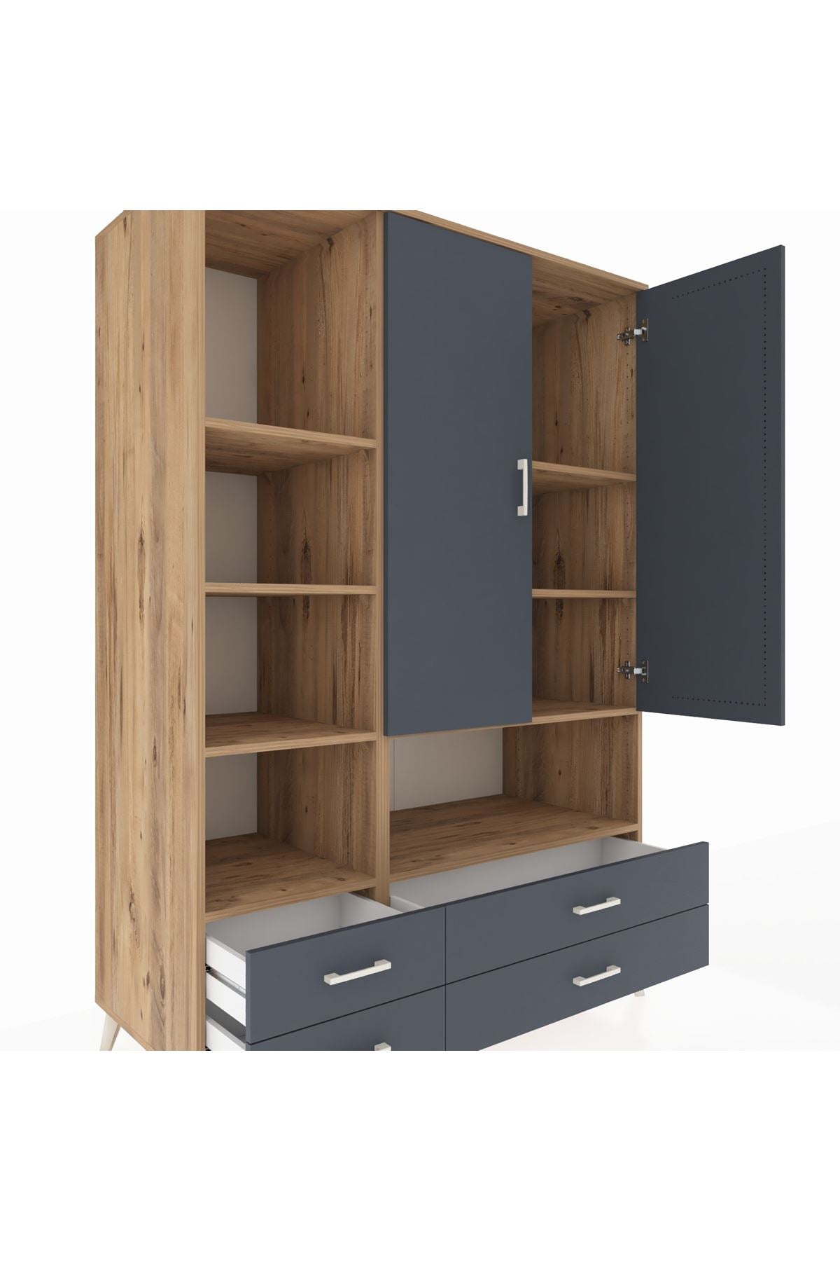 Kronos Dolap 8 Raflı 4 Çekmeceli 2 Kapaklı 132x59x195 Çam-Antrasit/Antrasit