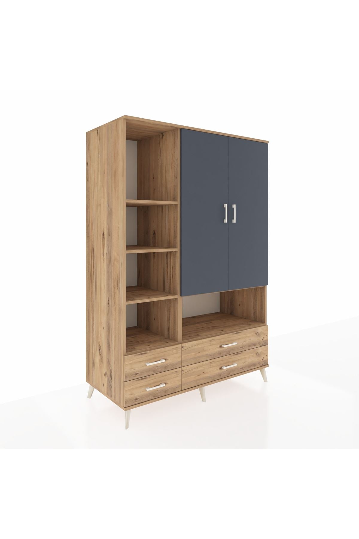 Kronos Dolap 8 Raflı 4 Çekmeceli 2 Kapaklı 132x59x195 Çam-Antrasit/Çam