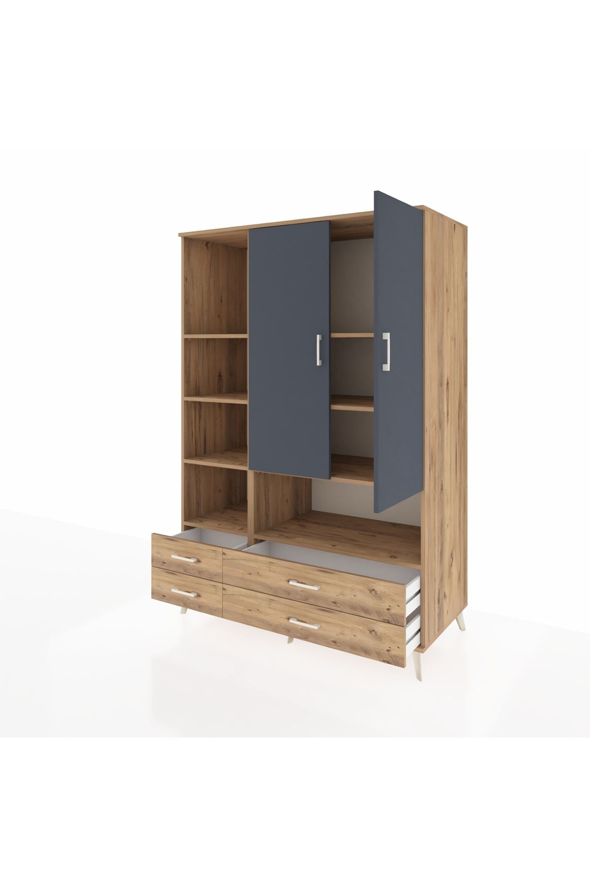 Kronos Dolap 8 Raflı 4 Çekmeceli 2 Kapaklı 132x59x195 Çam-Antrasit/Çam