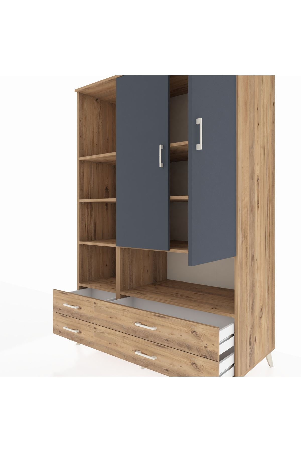 Kronos Dolap 8 Raflı 4 Çekmeceli 2 Kapaklı 132x59x195 Çam-Antrasit/Çam