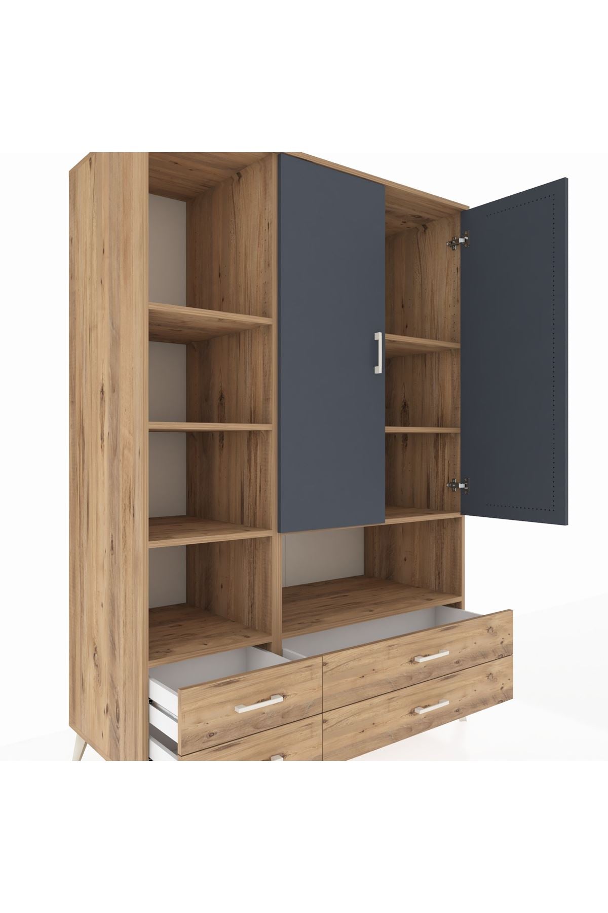 Kronos Dolap 8 Raflı 4 Çekmeceli 2 Kapaklı 132x59x195 Çam-Antrasit/Çam