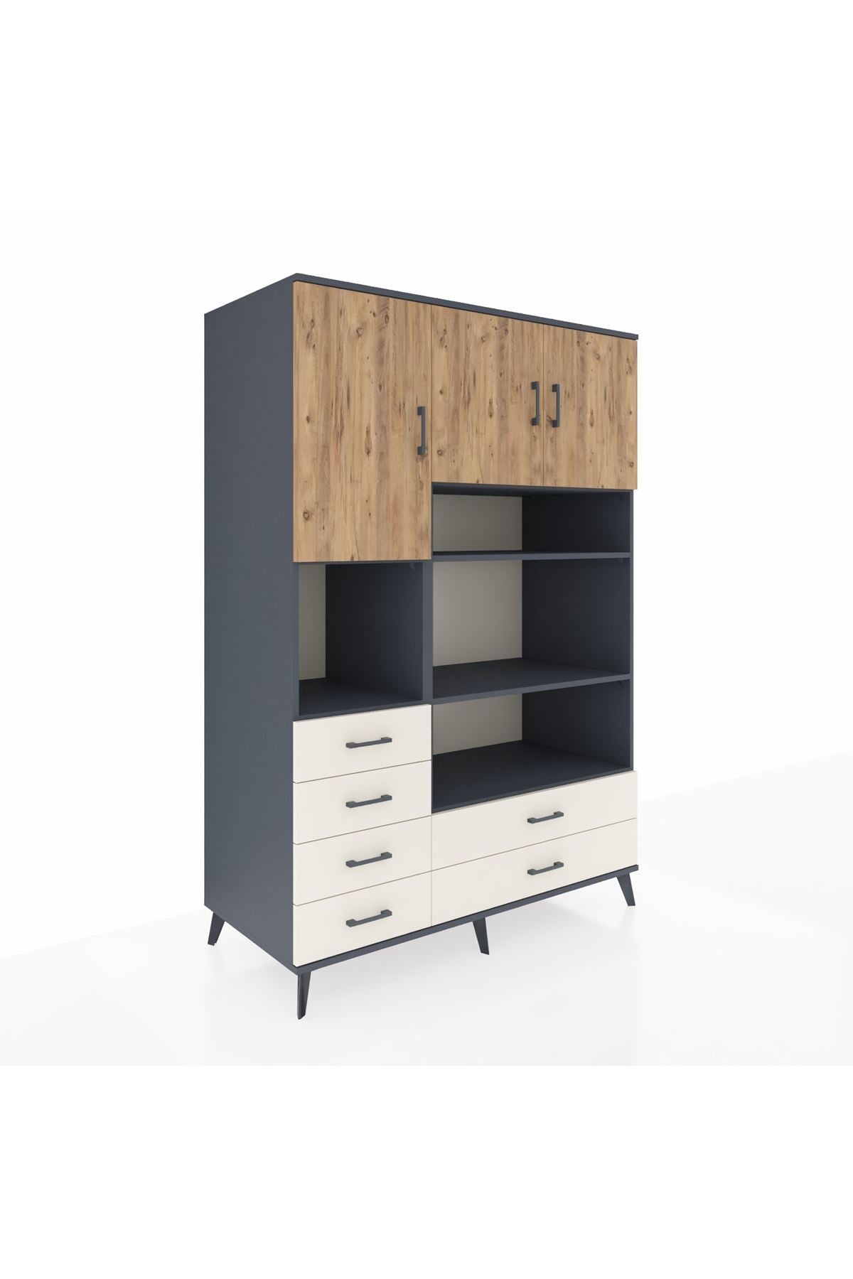 Kronos Dolap 9 Raflı 6 Çekmeceli 3 Kapaklı 132x59x195 Antrasit-Çam/Aytaşı