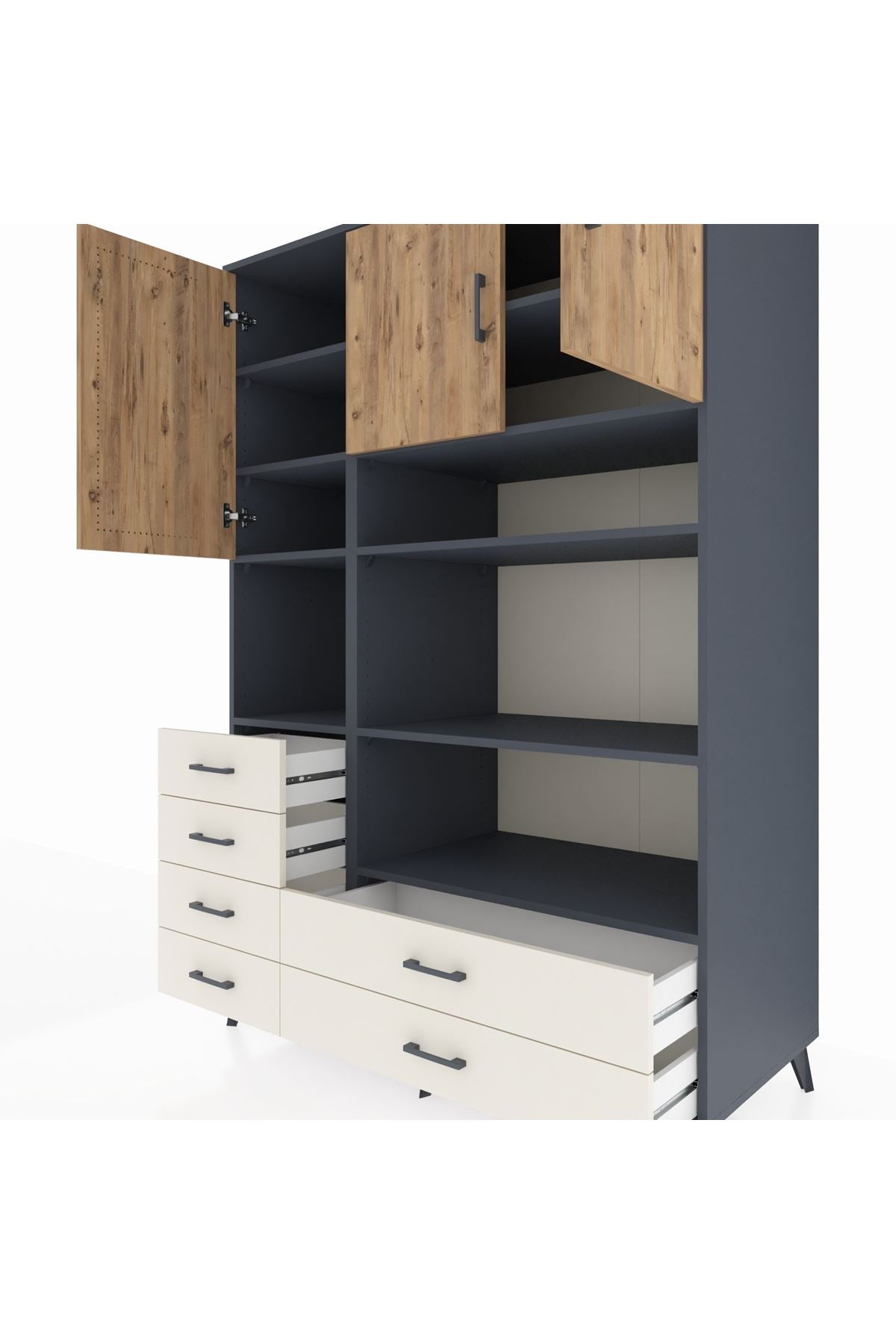 Kronos Dolap 9 Raflı 6 Çekmeceli 3 Kapaklı 132x59x195 Antrasit-Çam/Aytaşı