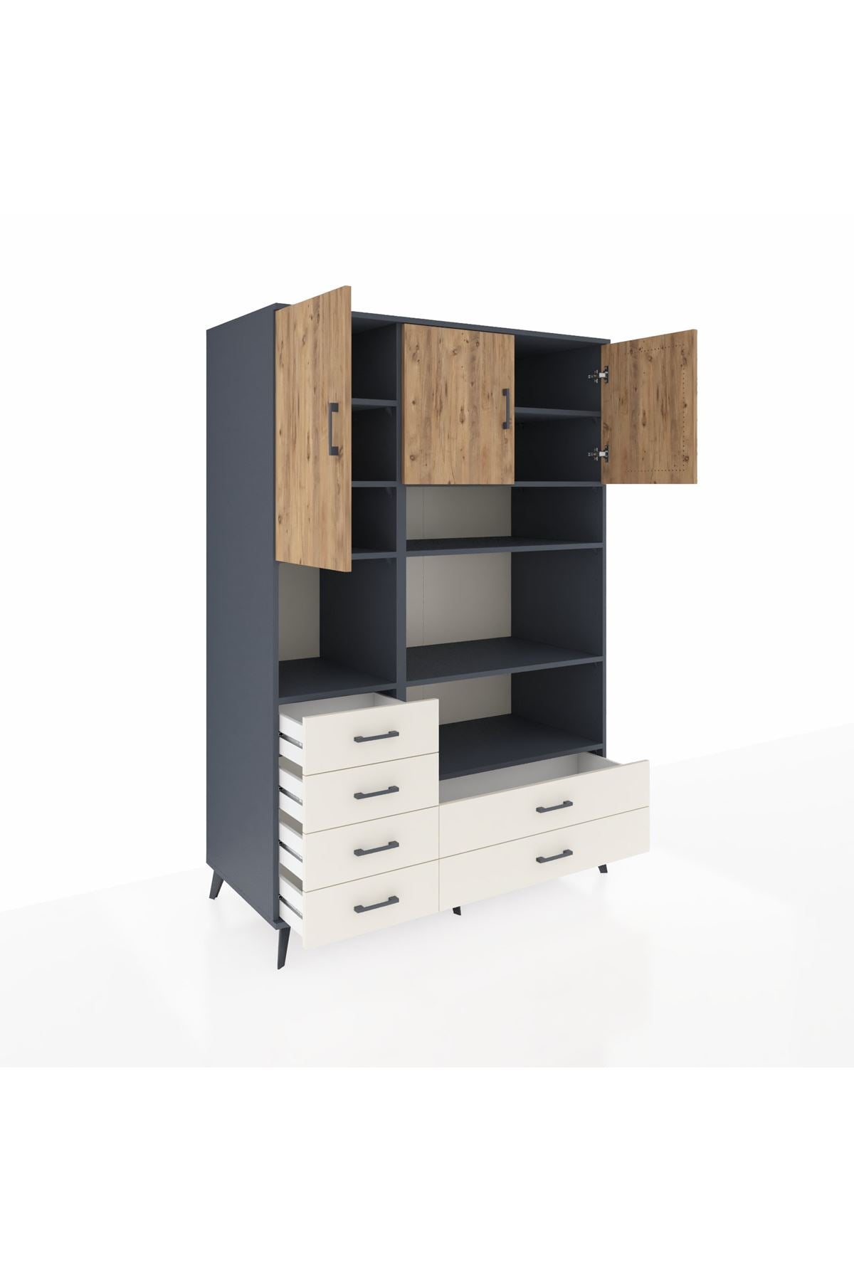 Kronos Dolap 9 Raflı 6 Çekmeceli 3 Kapaklı 132x59x195 Antrasit-Çam/Aytaşı