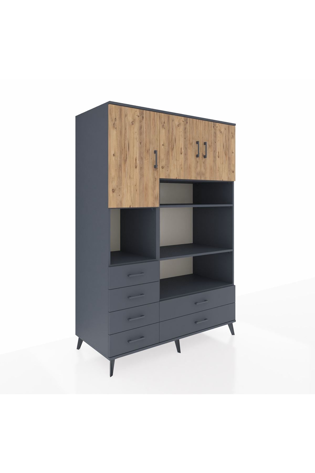 Kronos Dolap 9 Raflı 6 Çekmeceli 3 Kapaklı 132x59x195 Antrasit-Çam/Antrasit